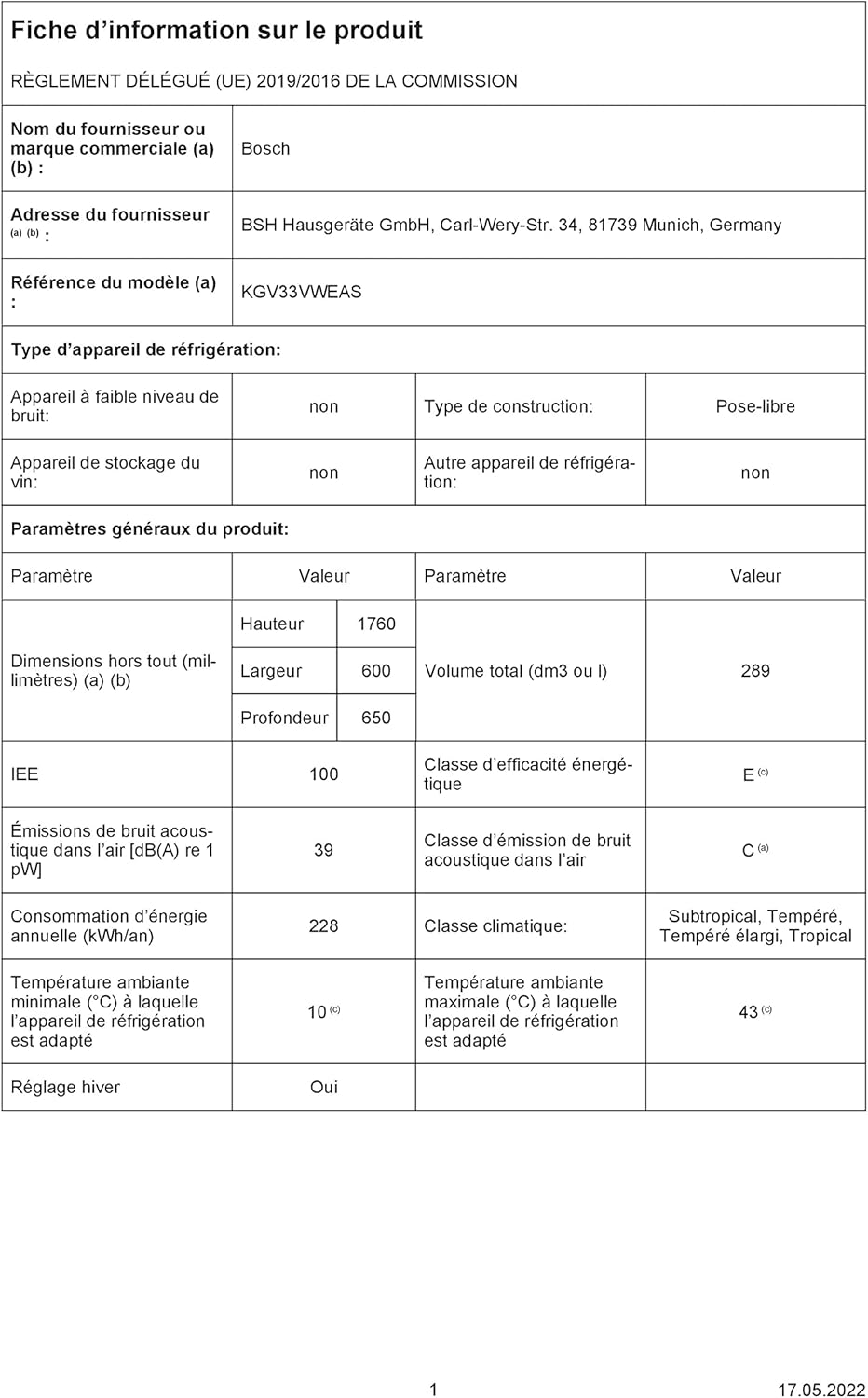 Bosch KGV33VWEAS, Série 4, Réfrigérateur congélateur, Pose libre, 176 x 60 cm, 195 L / 94 L, Blanc