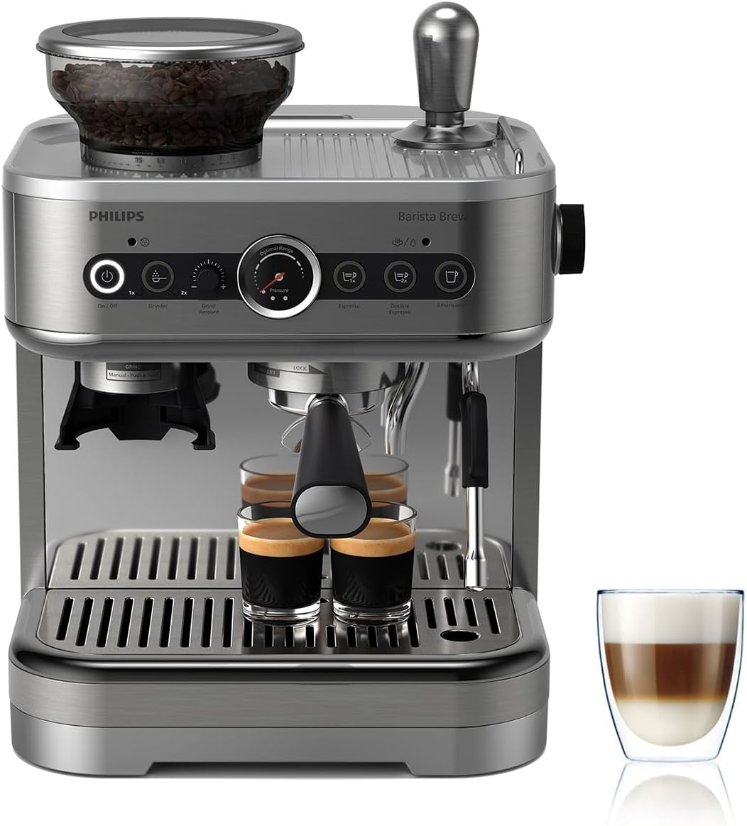 Philips Barista Brew Machine à Espresso Semi Automatique - Espresso simple et double + bouton Americano, réservoir à grains de 250g, guidage intuitif, tassage calibré, métal argenté (PSA3218/01)