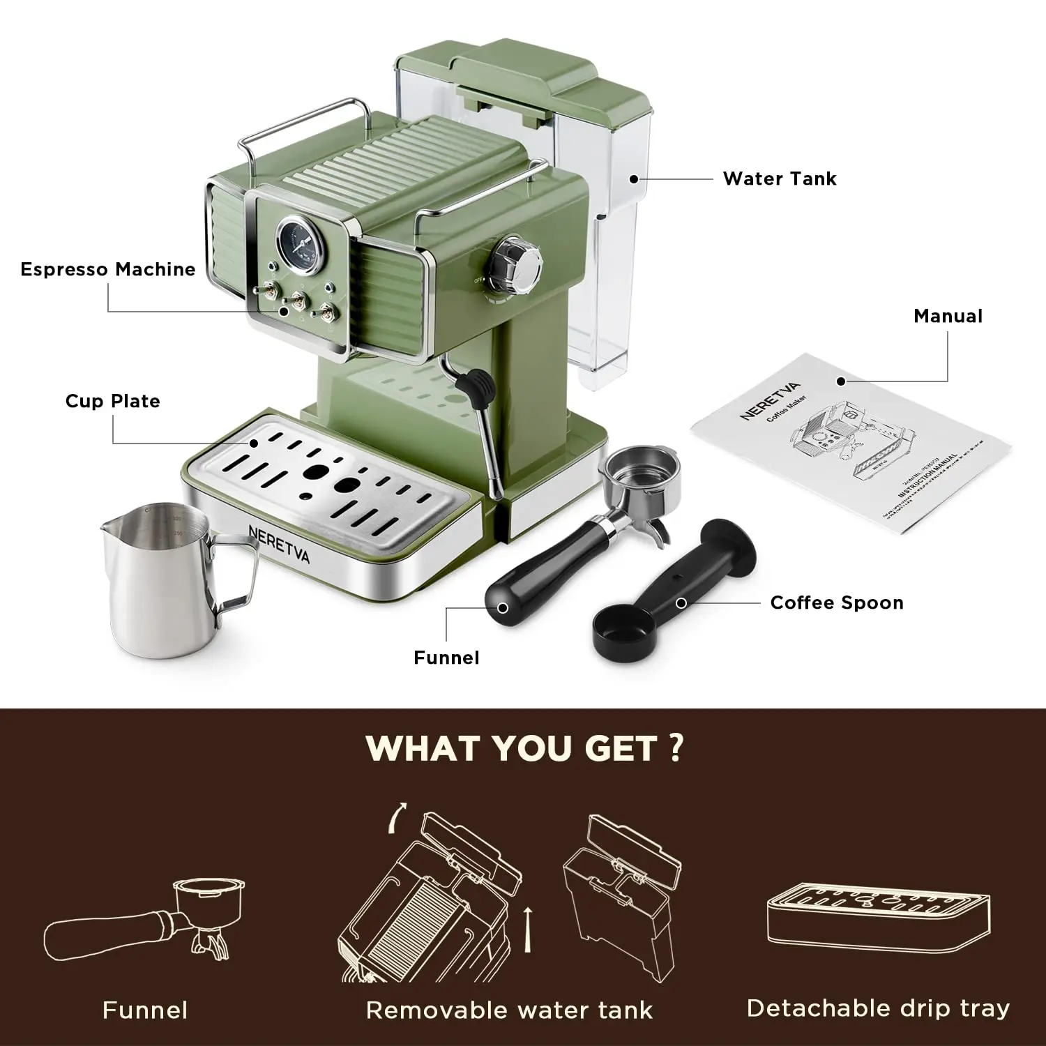 Neretva Espresso Coffee Machine 15 Bar Espresso Maker with Milk Frother Steam Wand Cappuccino, Latte for Home Barista, 1.6L Removable Water Tank
