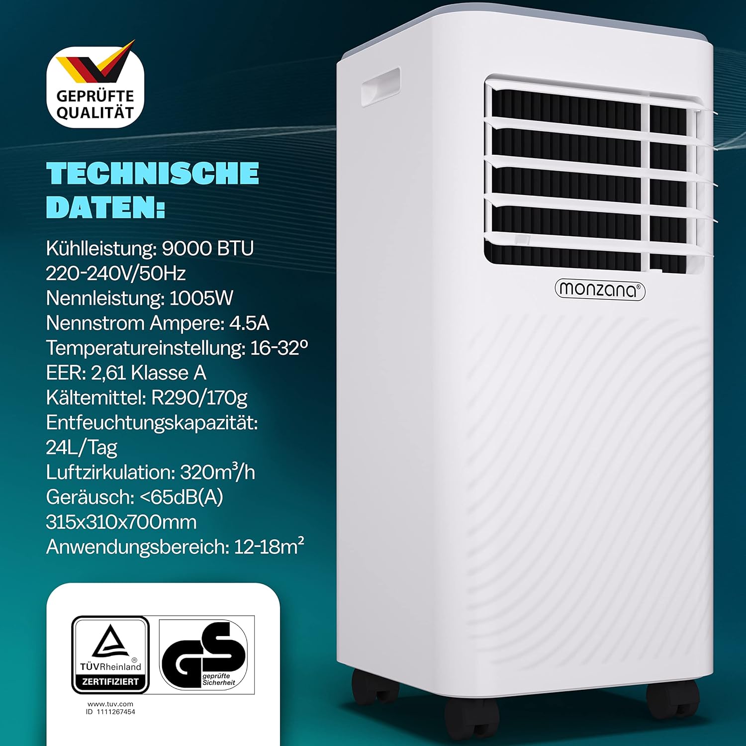 Monzana® Climatiseur Mobile MZKA2000 Tuyau d'évacuation 7000 BTU 4en1 750W 24h Timer Déshumidificateur Kit volet Roulant