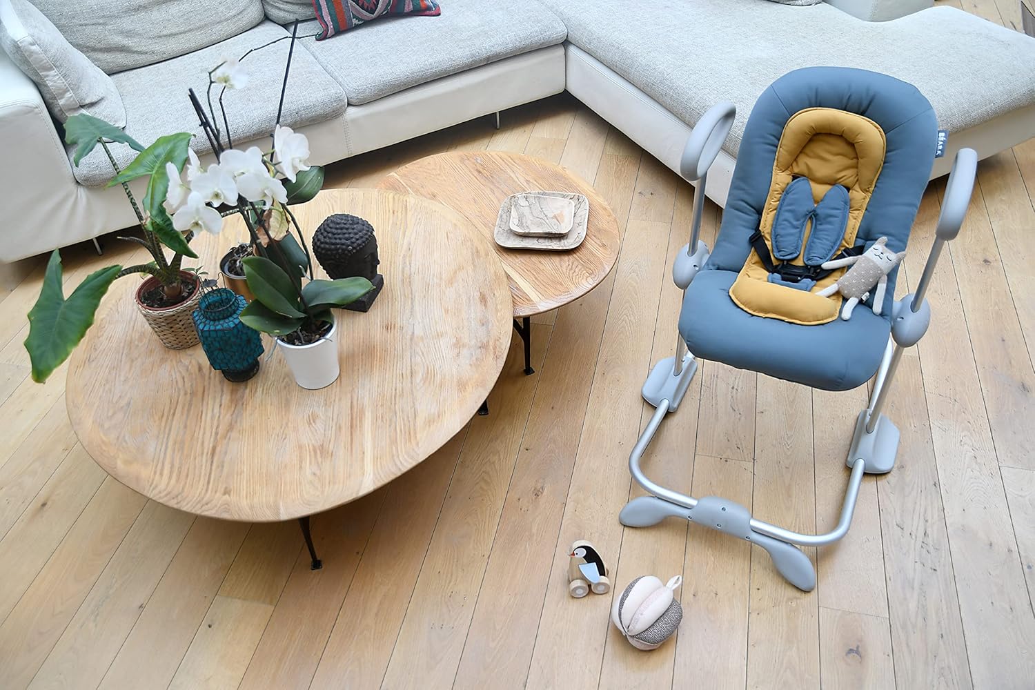 Béaba, Transat Up & Down IV, Transat Réglable en Hauteur, Unisexe pour Bébé et Enfants, 3 Positions d'Inclinaison, Harnais Sécurité 5 Points, Réducteur de Naissance, Gris minéral et miel