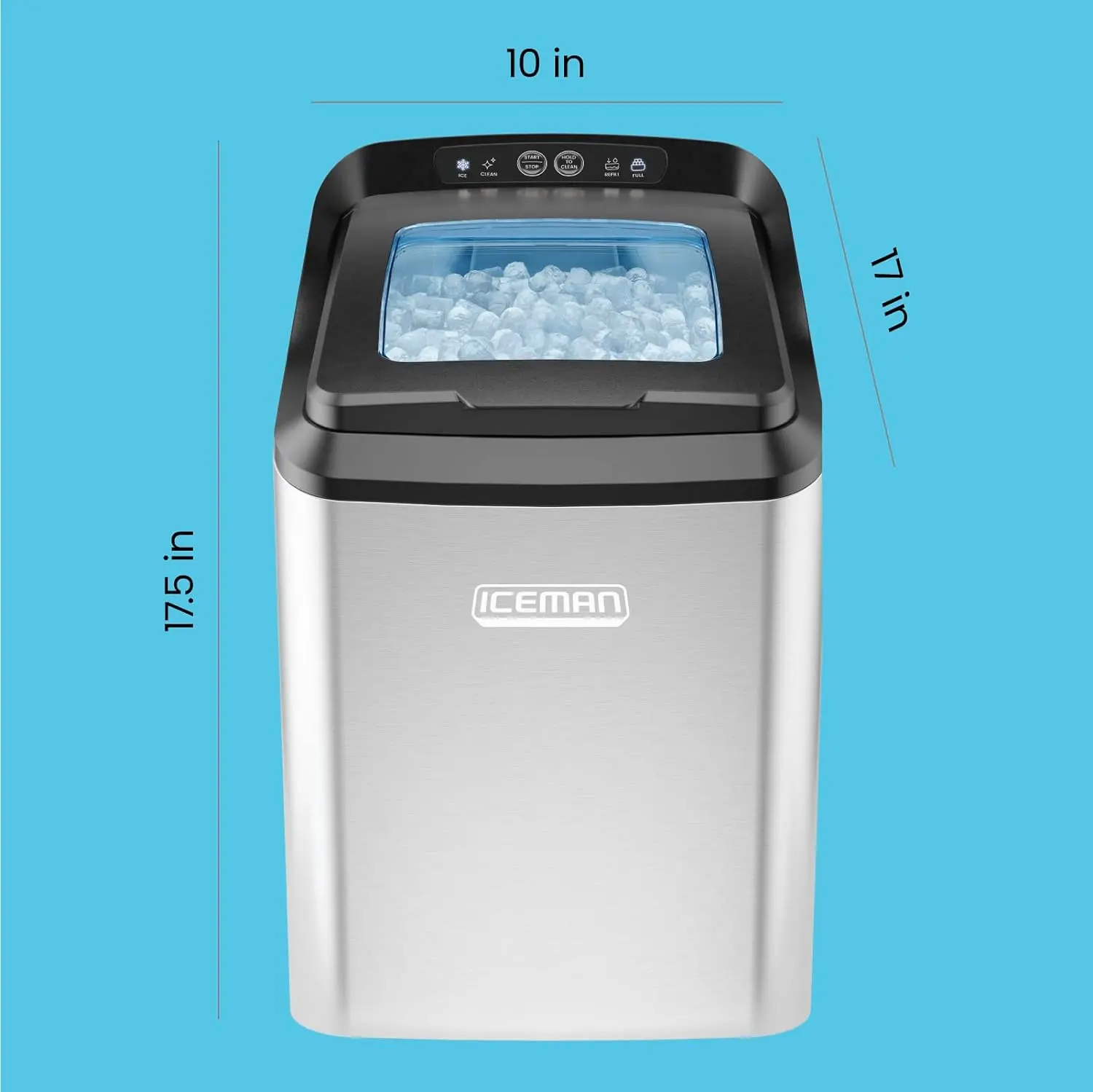 Iceman Countertop Nugget Ice Maker – Pebble Ice Machine, Soft Chewable Pellets in 20 Min, 26Lbs/24H, 3lb. Capacity, Waterline-Compatible, Self-Cleaning, Stainless-Steel + Scoop