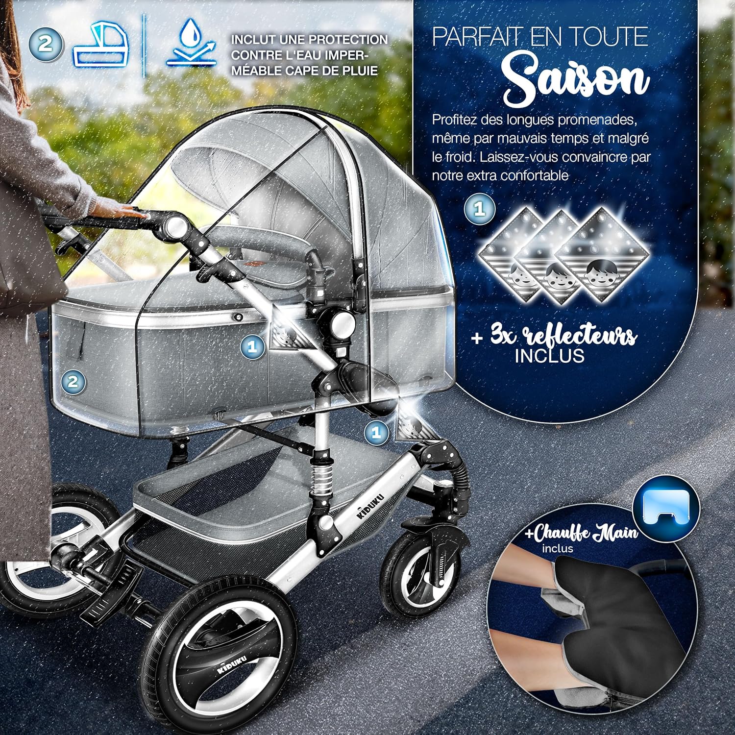 KIDUKU® Poussette Combinée 3 en 1 | Trio pour Enfants | Siége Auto Légère, Piable | Nacelle Souple Convertible | Set de Voyage (Noir/Champagne)
