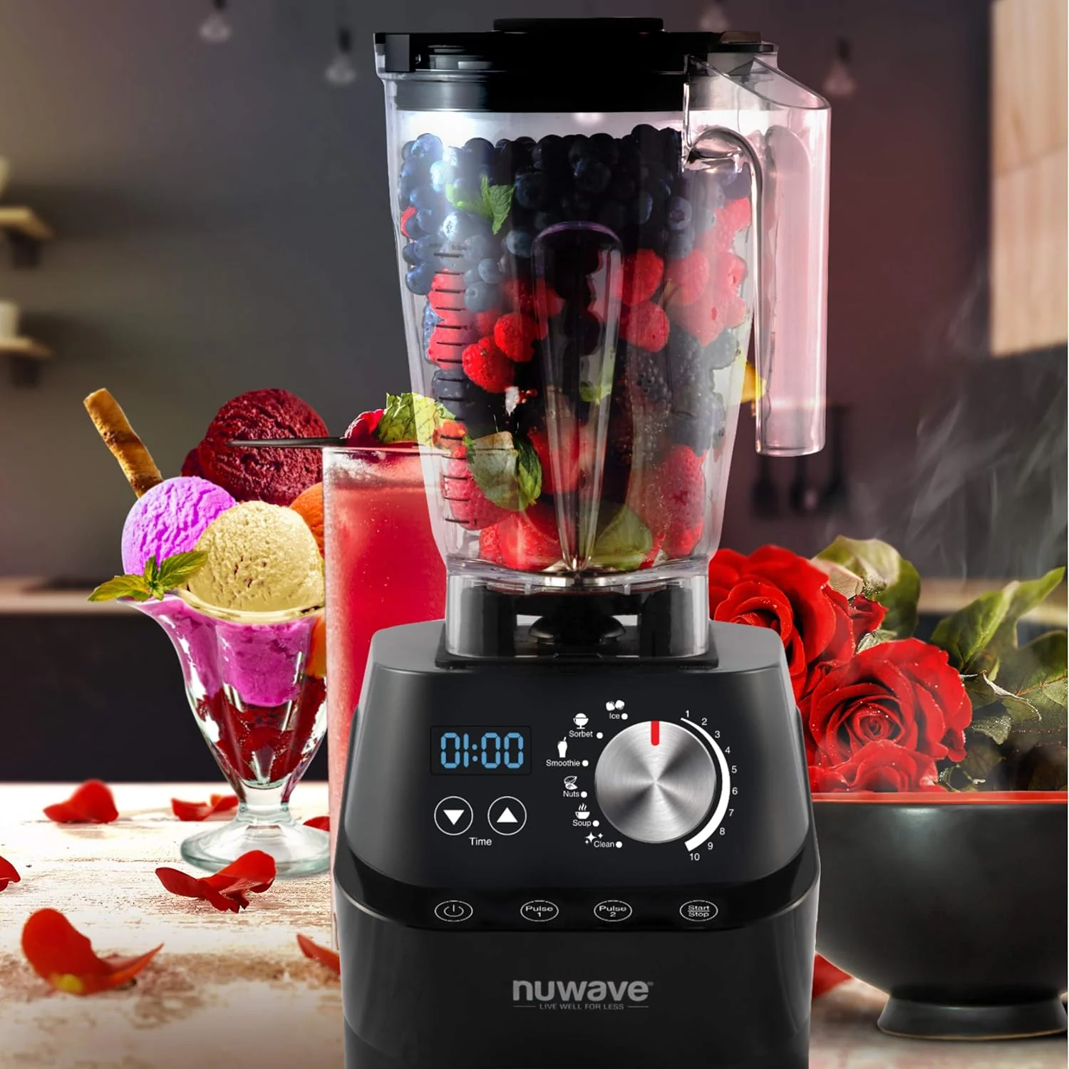 NuWave Moxie Commercial Blender, Smoothie Blender with 2.5HP Motor, Professional Grade, Self-Cleaning - 6 presets & 10 Speed Settings for Shakes, Smoothies, Nut Butters, Crushed Ice,Black, Grey
