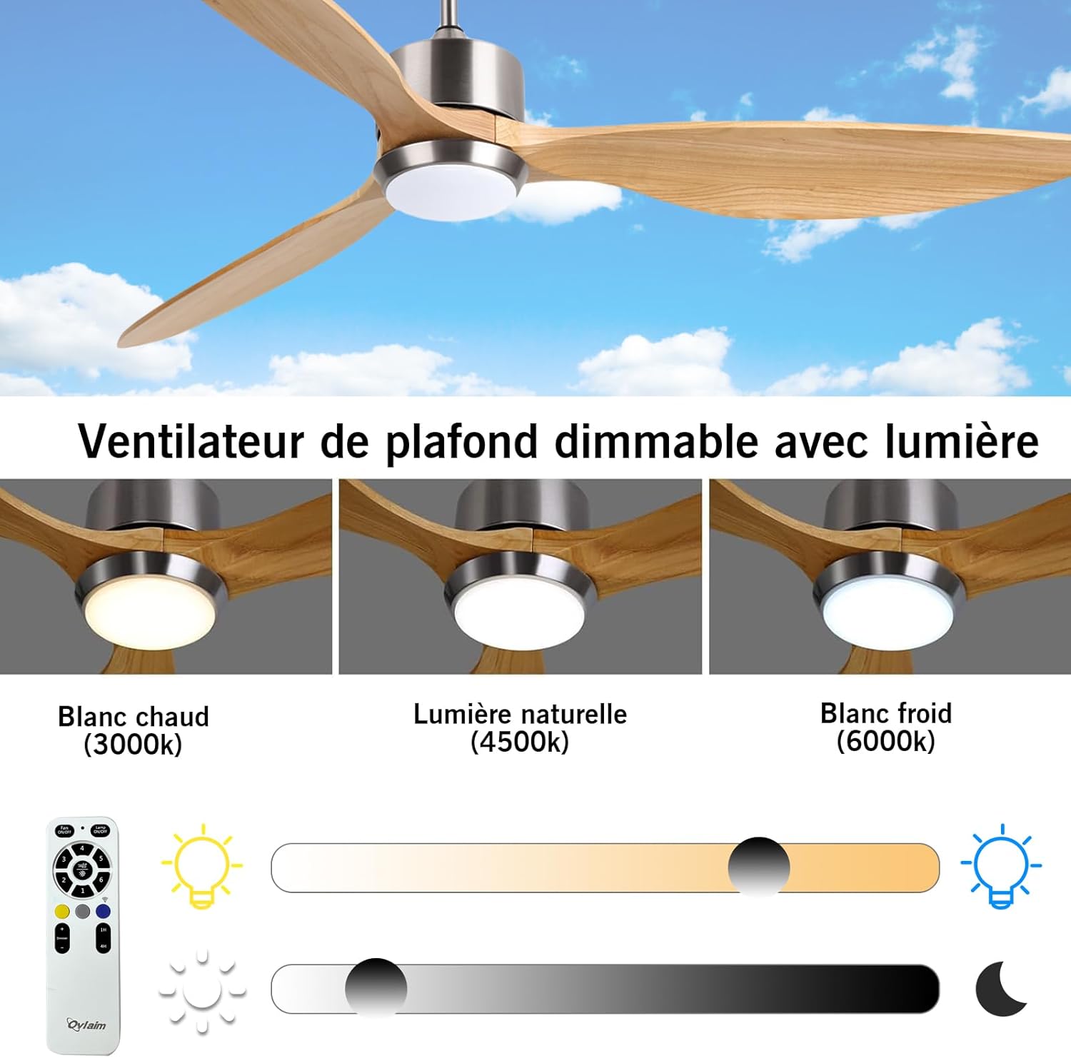 Ovlaim 132cm intérieur extérieur 3 pales hélice Smart ventilateur de plafond, Ventilateur de plafond en bois massif à moteur DC silencieux avect
