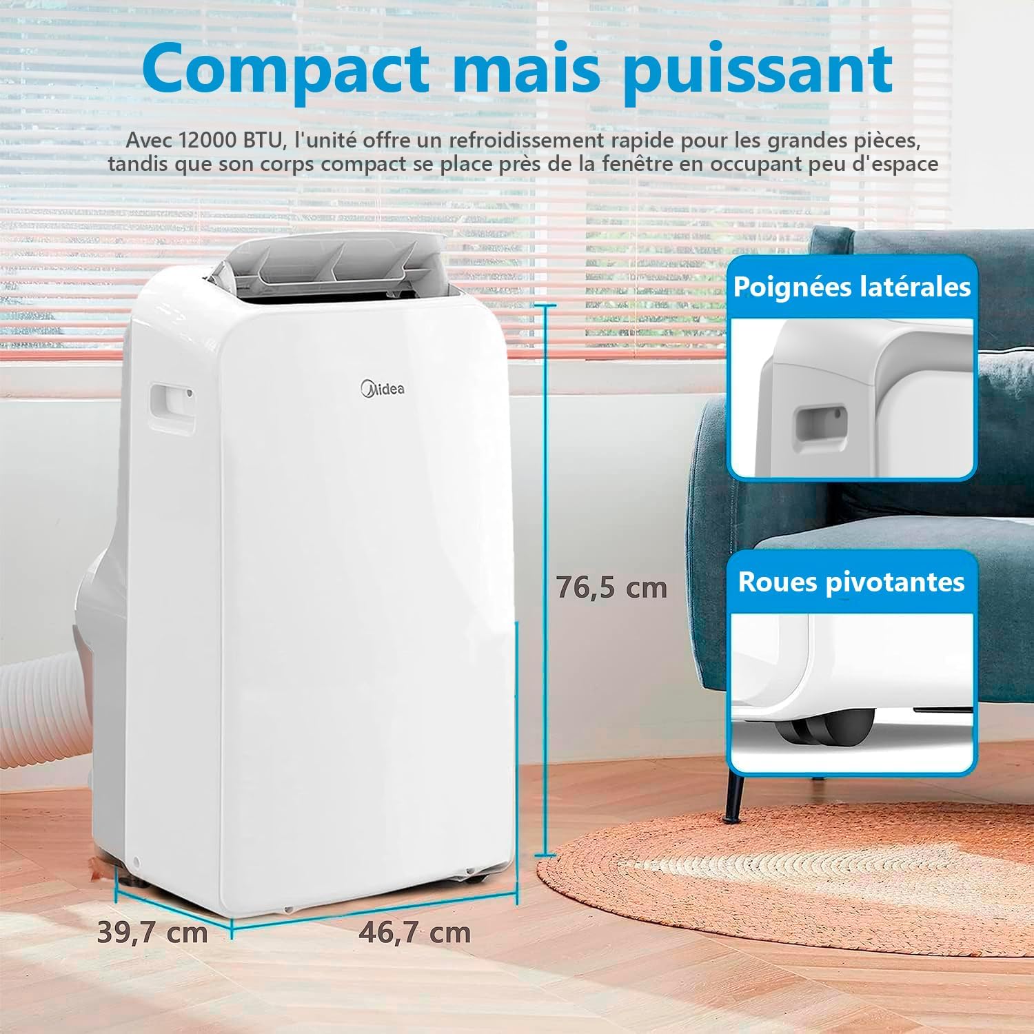 MIDEA Climatiseur Mobile Silencieux 12000 BTU avec Évacuation - Climatisation Portable Prêt à Poser 3500W - Clim Réversible Split Mobile - 3 Vitesses avec Kit de Fenêtre et Télécommande