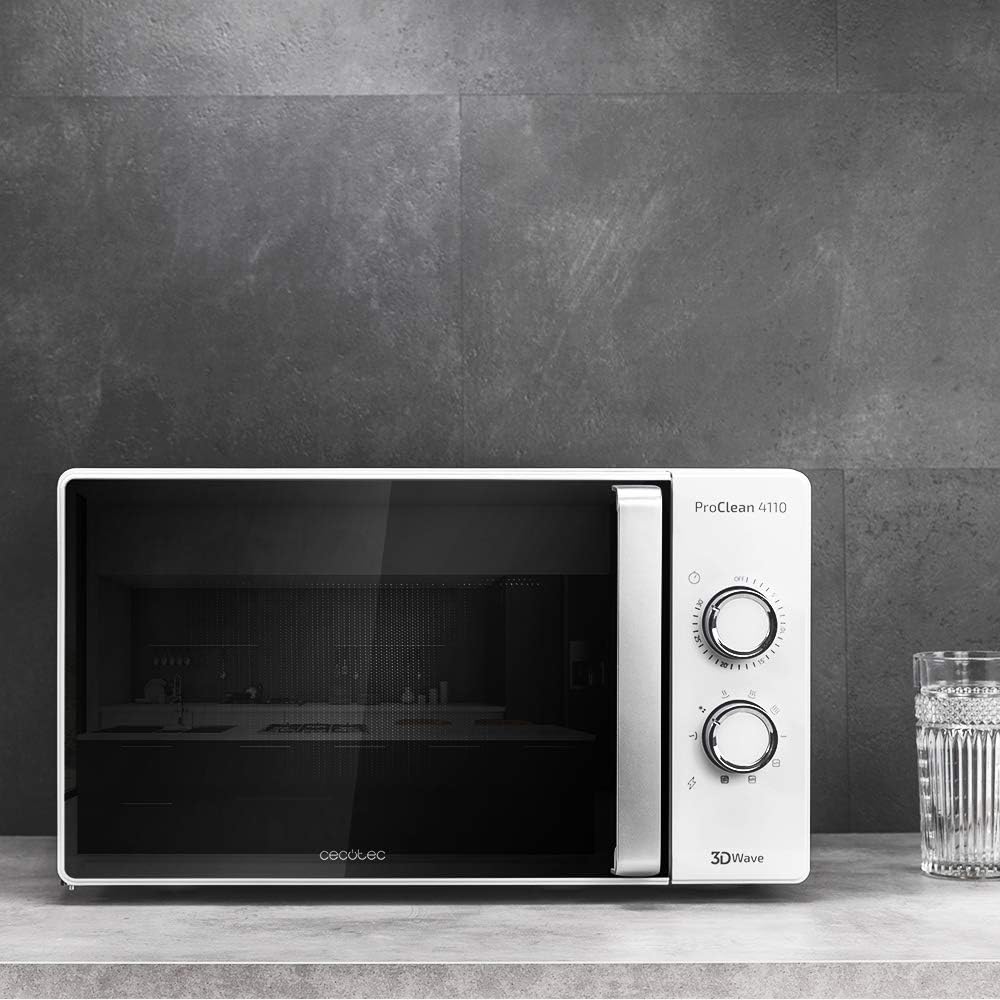 Cecotec Four à micro-ondes ProClean 9110 FullINOX avec grill 1000 W, 30 litres, 5 niveaux de puissance, 8 programmes, minuterie de 60 minutes, revêtement Ready2Clean, design avant miroir
