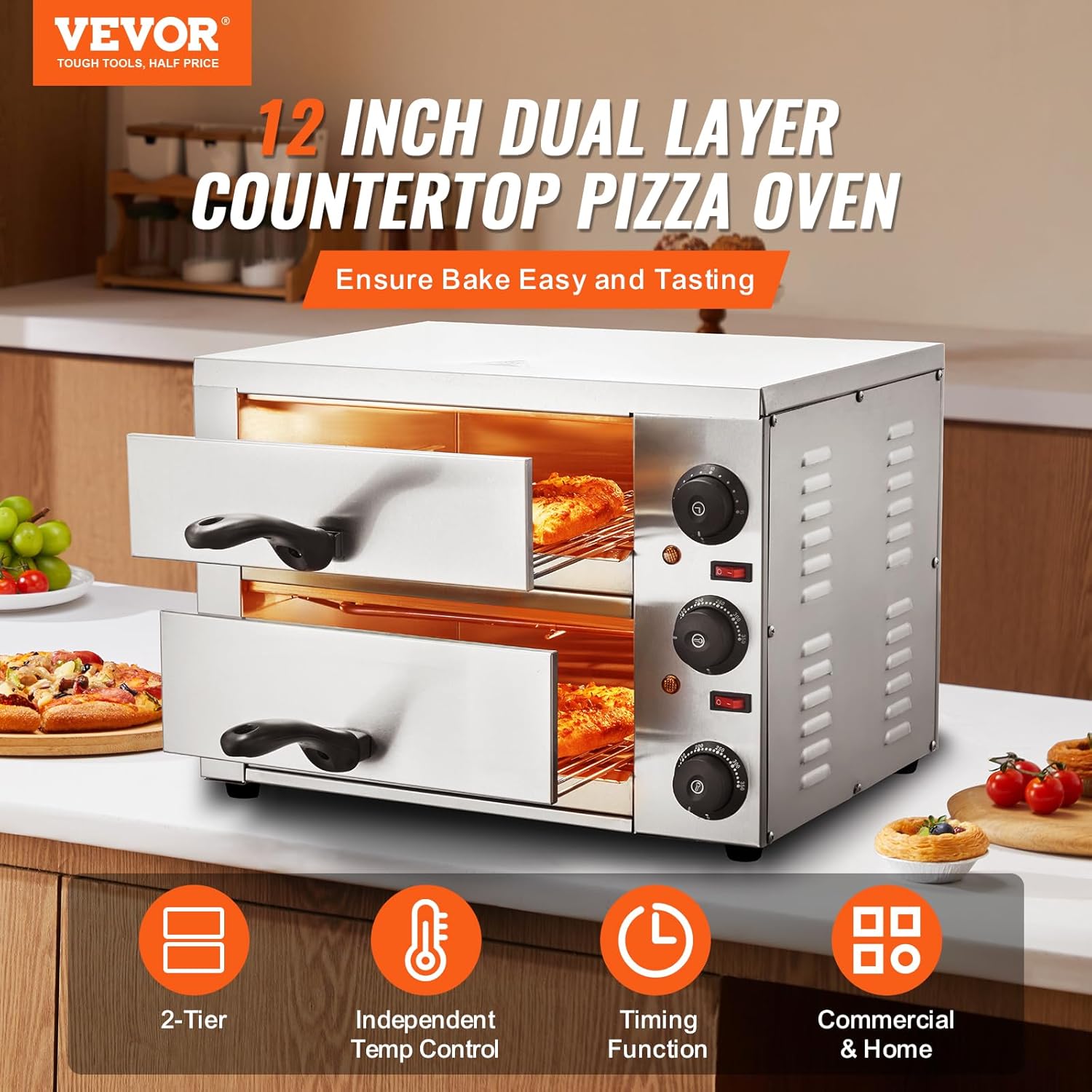 VEVOR Four à Pizza Commercial Capacité 16 po, Four Électrique de Comptoir Double Couche, en Acier Inoxydable, avec Pierre et Poignée, Machine à Pizza d'Intérieur Polyvalente pour Restaurant Maison