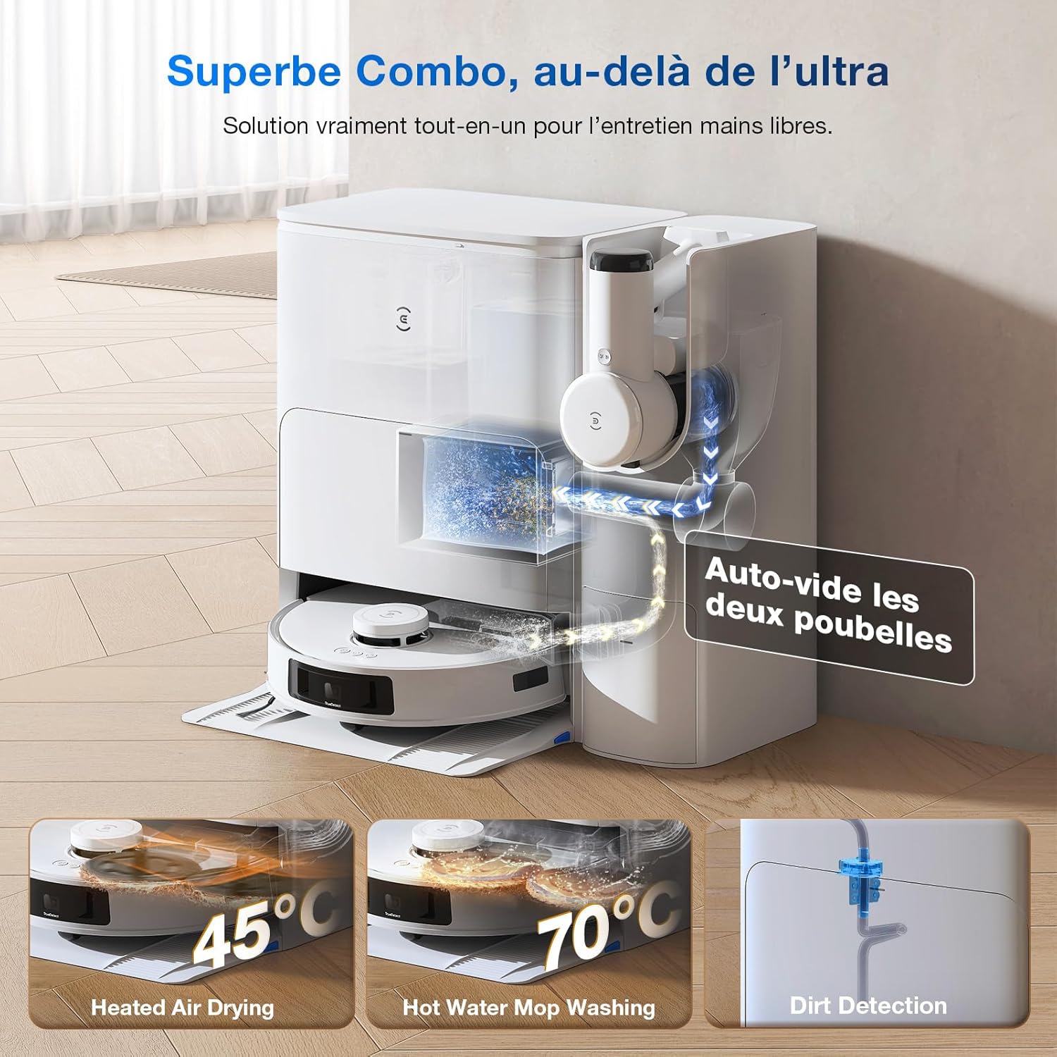 ECOVACS X8 PRO OMNI Robot Aspirateur Laveur avec Station Tout-En-Un, Puissance 18000Pa, Nettoyage Automatique Instantané OZMO ROLLER, Nettoyage à l'eau chaude 75℃, Ajout Solution Nettoyage Automatique