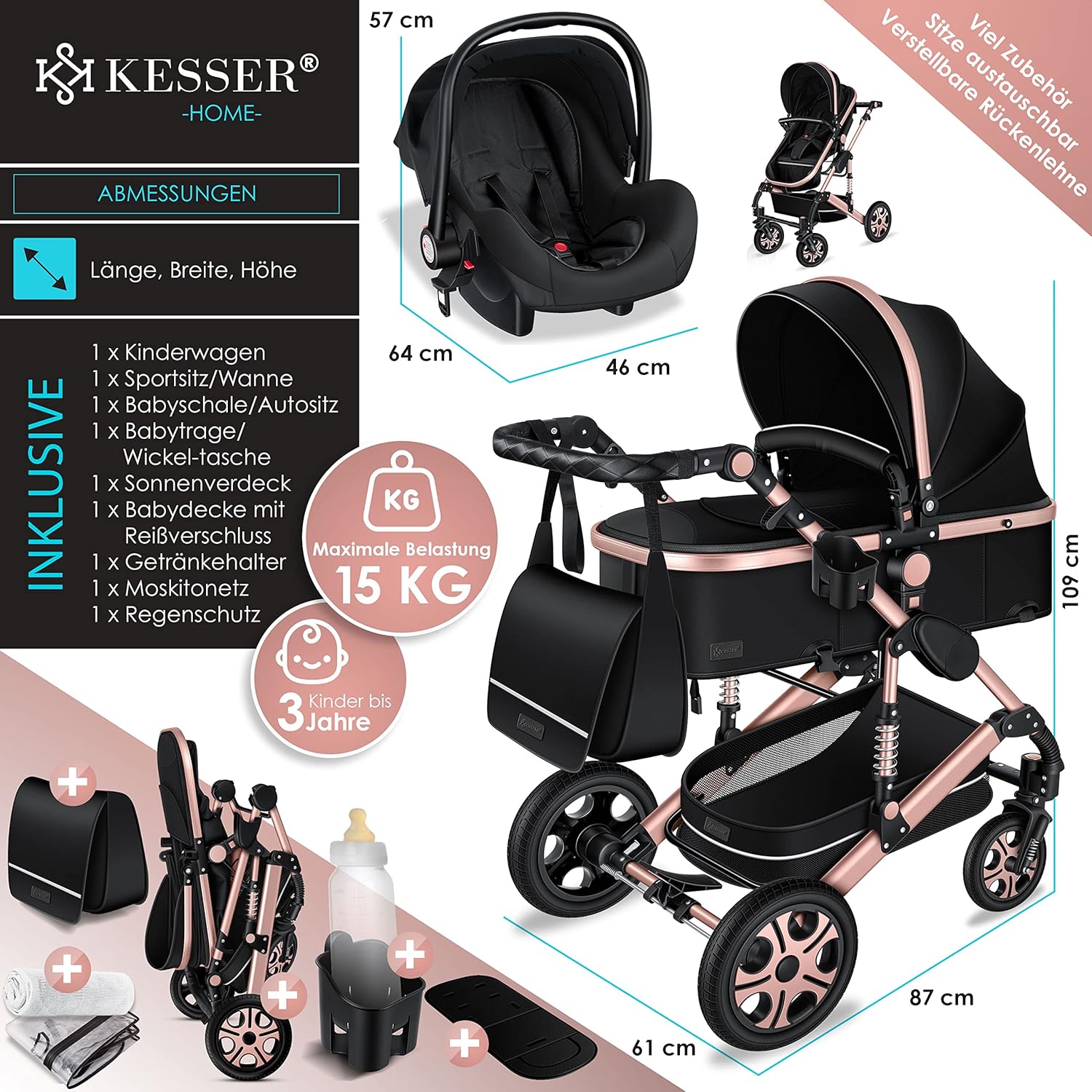 KESSER® Poussette combinée 3en1 Set incl. baignoire bébé poussette Siège sport & siège auto pour bébé Pneus pleins en caoutchouc Sac à langer Protection pluie Table pour enfant ECE R129 noir/champagne