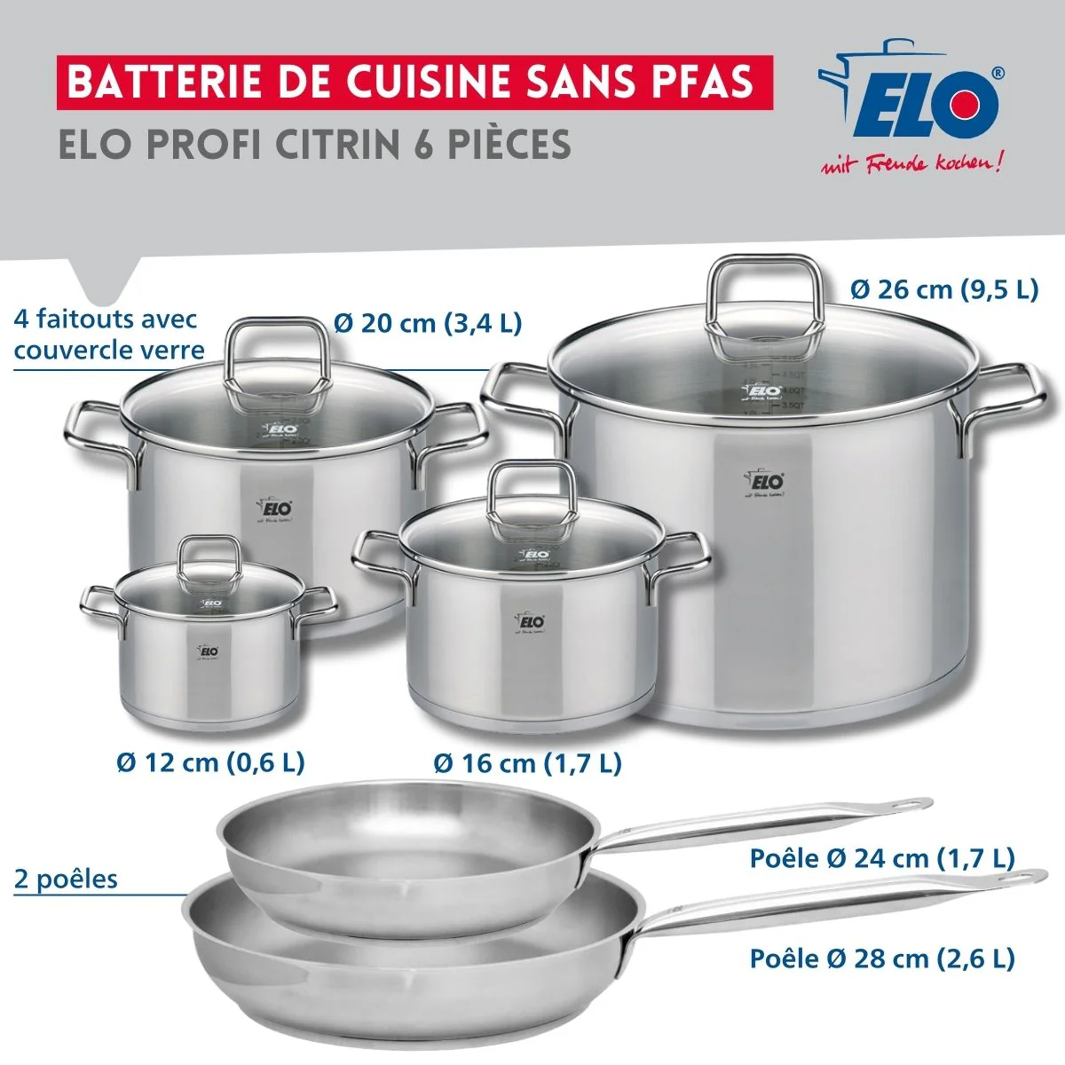 Ensemble de 2 Poêles de cuisson 24 et 28 cm et 4 faitouts 12, 16, 20 et 26 cm Elo Profi Citrin Elo