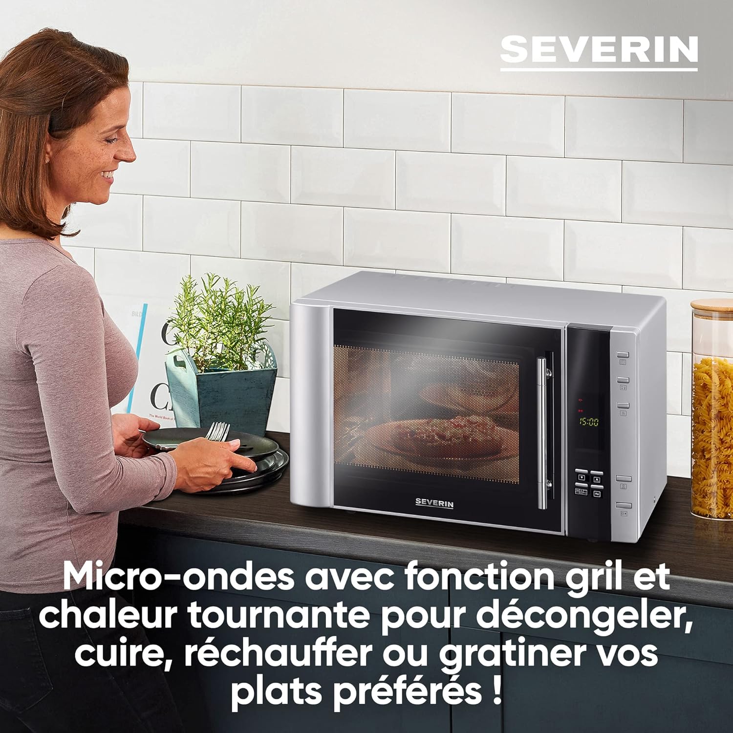 SEVERIN Four à micro-ondes 30 L, 2 500 W, avec fonction gril et chaleur tournante, avec 5 niveaux de puissance, 10 programmes automatiques, Inox/Noir, MW 7775