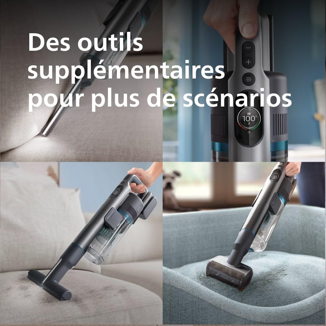 Philips Aspirateur sans fil Aqua 7000 Series, Moteur digital, PowerCyclone 12, Eclairage LED, Module Aqua amovible, Autonomie de 80 min, Inclus 2 accessoires, Bleu (XC7053/01)