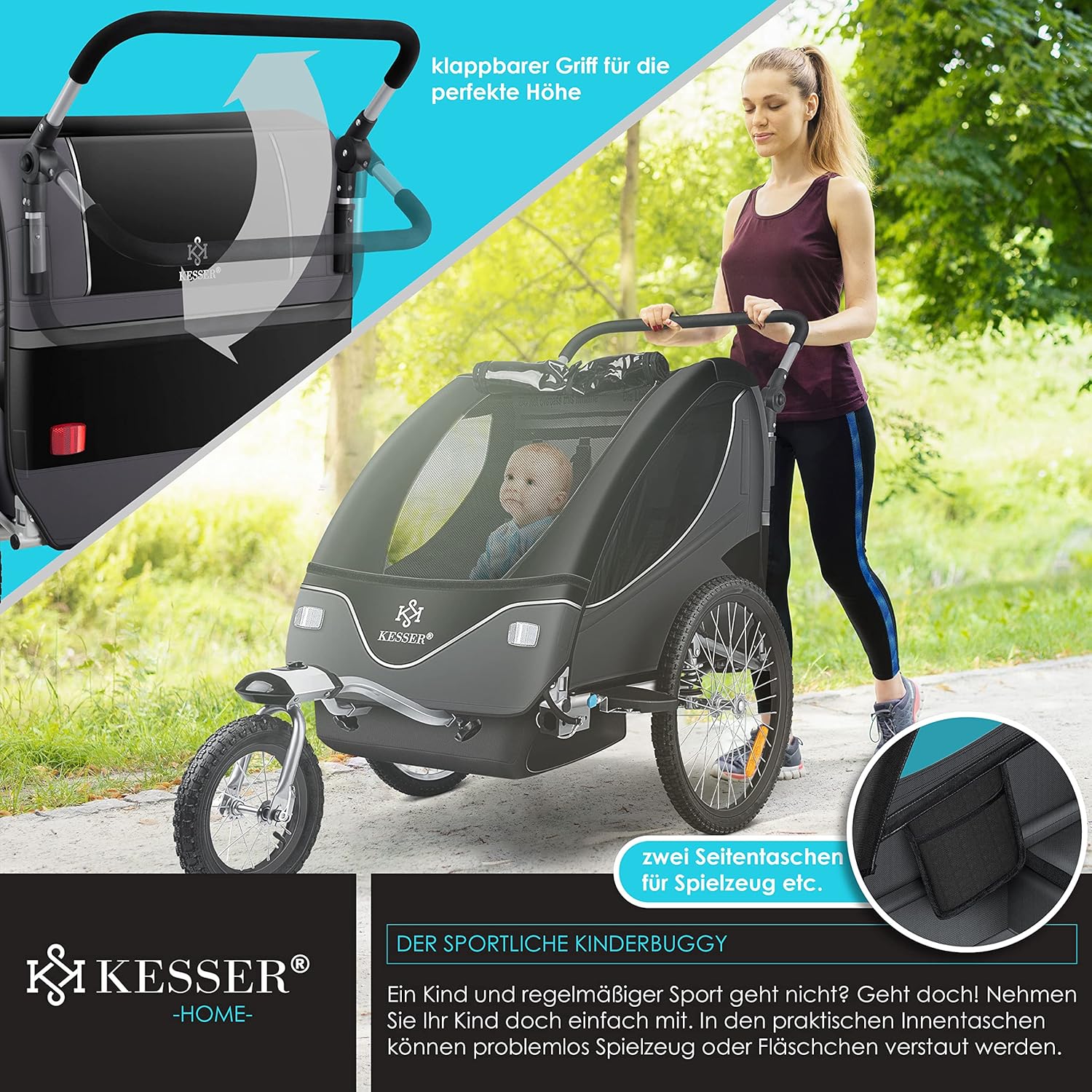 KESSER® Remorque de vélo pour enfant - Rotation à 360° - Avec suspension 2 en 1 - Fonction jogger - Remorque de vélo pour enfant - Sangle à 5 points - Pour 1 à 2 enfants - 40 kg