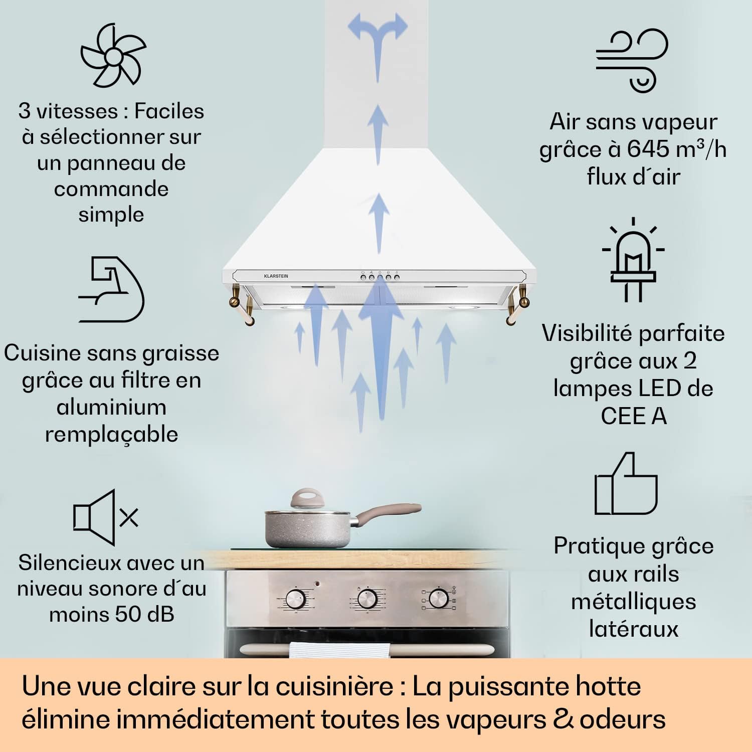 Klarstein Hotte Aspirante 90 cm, Hottes de Cuisine avec Filtre de Hotte en Aluminium, Débit d'Air Puissant de 645m³/h, Eclairage LED, Extracteur d'Air Silencieux, Hotte Efficace avec Evacuation