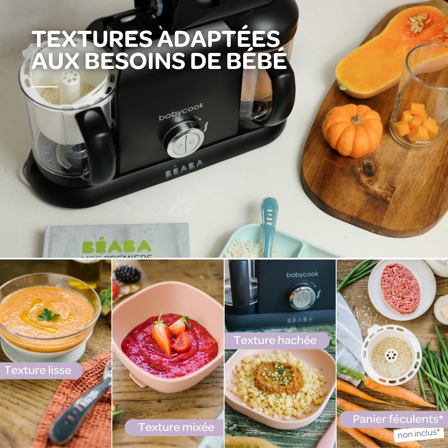 BÉABA, Babycook Duo Robot Bébé 4 en 1 Mixeur-Cuiseur, Cuisson Vapeur rapide 15min , Diversification alimentaire, Petits pots bébé maison, Contenance XXL 2200 ml, Noir