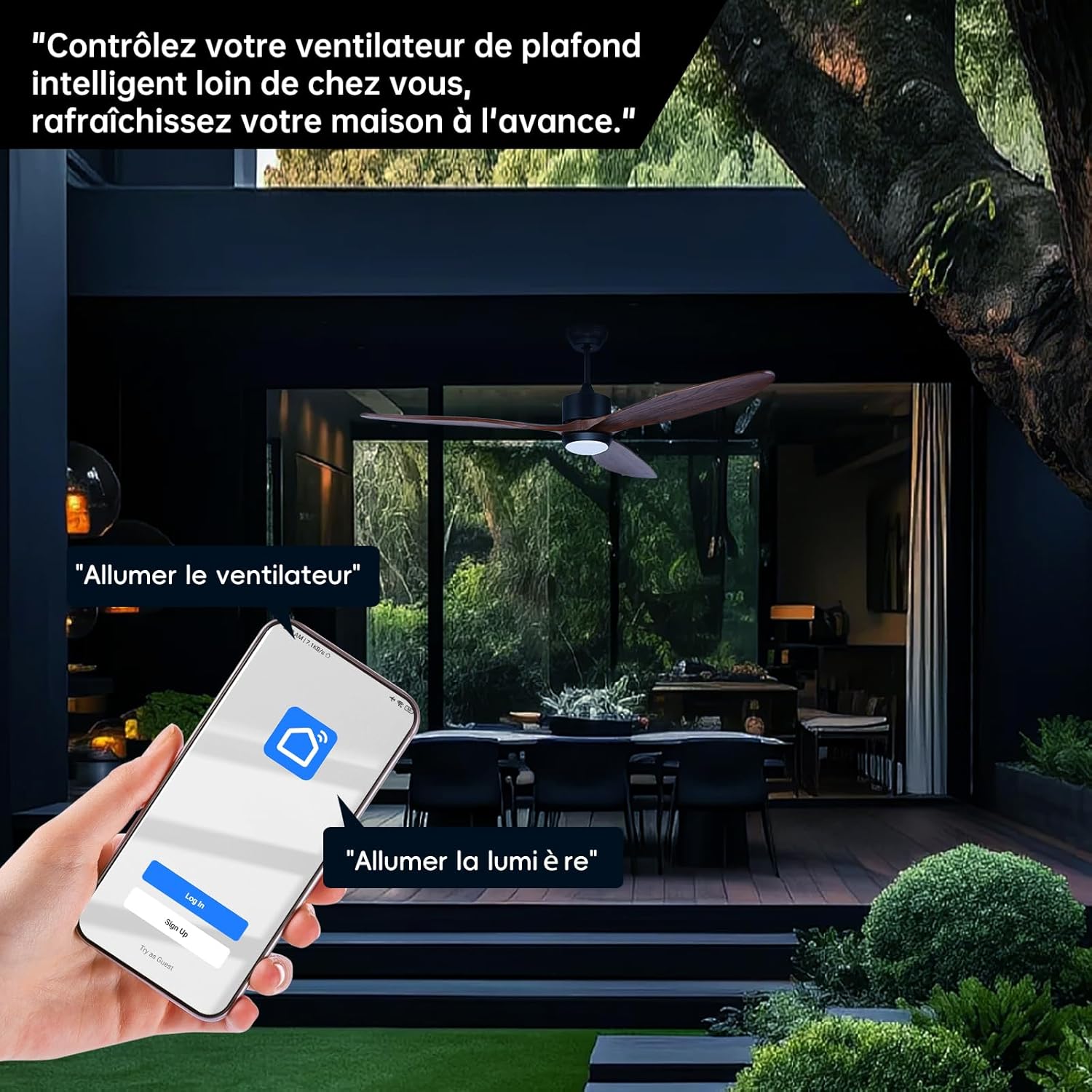 Ovlaim 132cm intérieur extérieur 3 pales hélice Smart ventilateur de plafond, Ventilateur de plafond en bois massif à moteur DC silencieux avect