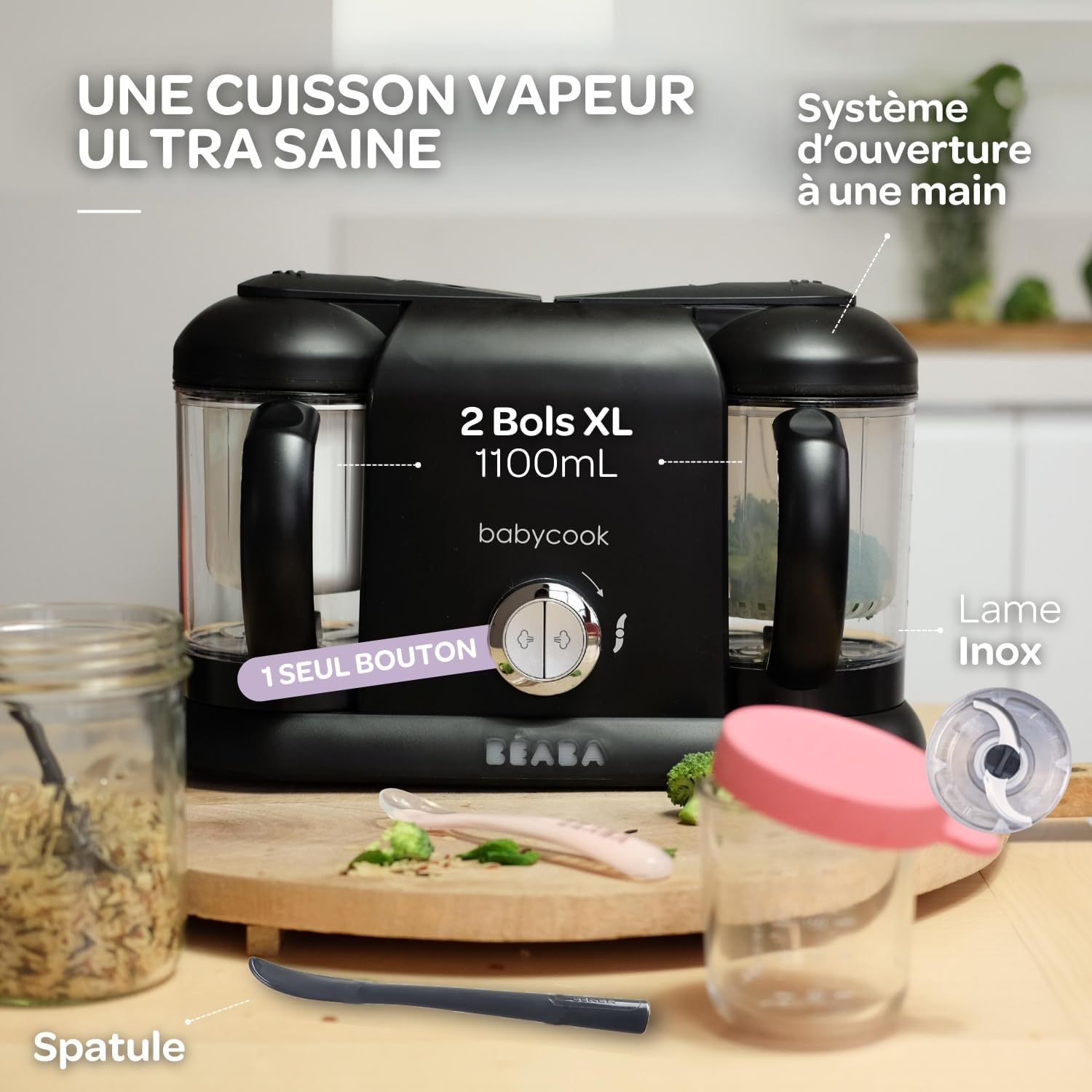 BÉABA, Babycook Duo Robot Bébé 4 en 1 Mixeur-Cuiseur, Cuisson Vapeur rapide 15min , Diversification alimentaire, Petits pots bébé maison, Contenance XXL 2200 ml, Noir
