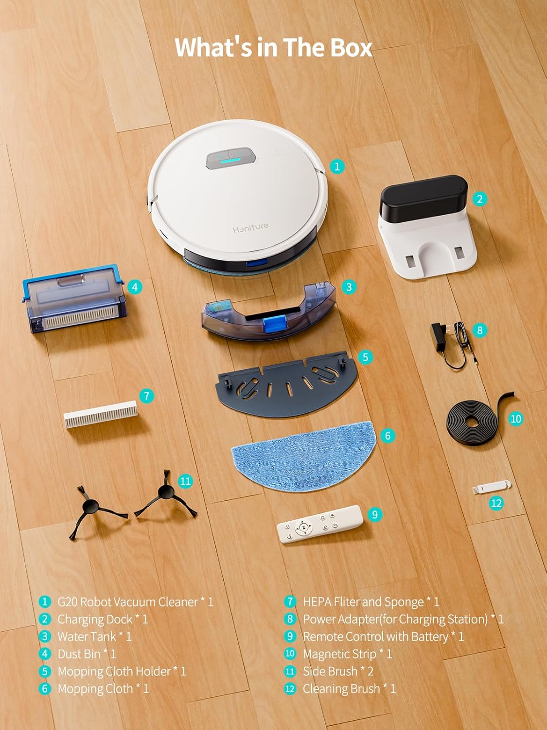 HONITURE Robot Aspirateur Laveur Poils Animaux, G20 Aspirateur Robot 3 en 1, 4000PA, Alexa/WiFi/APP, Idéal pour Tapis Sols Durs, Ultra-Mince Silencieux