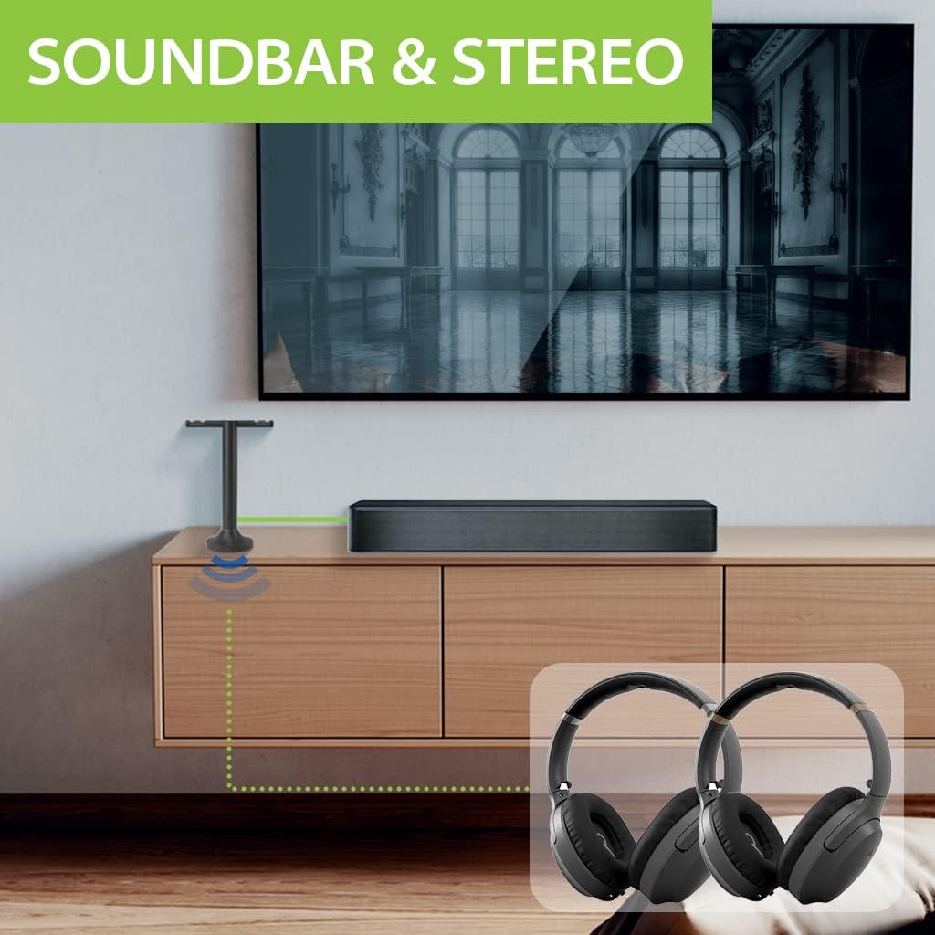Avantree Duet - Set Doubles Casques sans Fil pour Télévision avec émetteur Support de Charge 2 en 1, Mode Dialogue Clair et Amplification Volume TV pour Séniors, Jusqu'à 100 Casques Simultanés