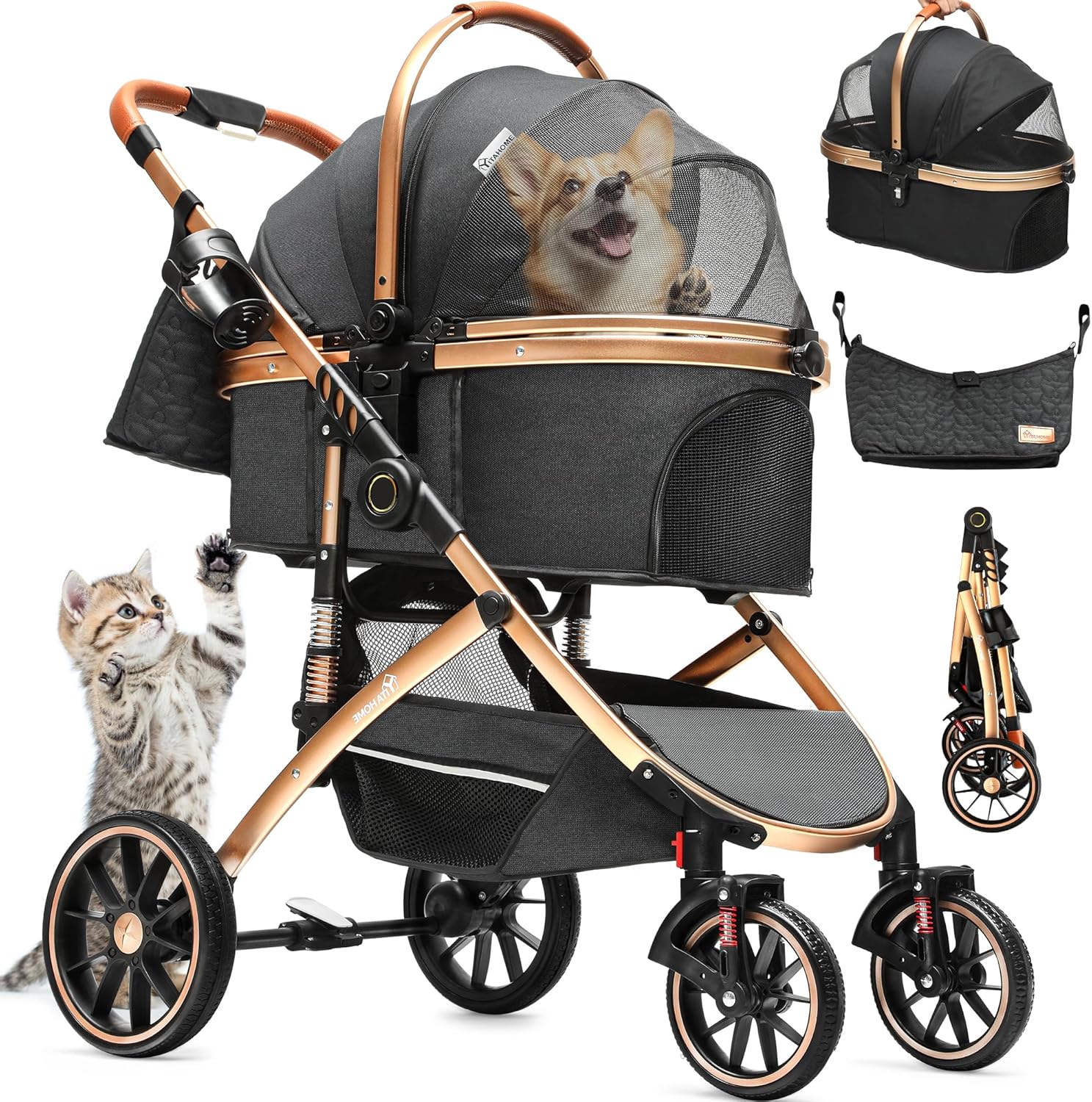 YITAHOME Poussette Chien 3-en-1, Poussette pour Chien Chat, Poussette Chien Tout Terrain, Voyage Transporteur Amovible, Pliable Portable Landau pour Animaux (Noir)