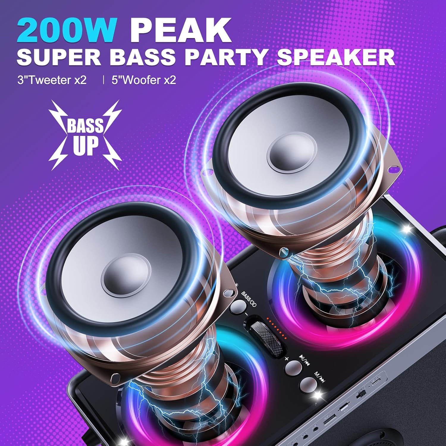 Enceinte Bluetooth Puissante, 200W Enceinte Portable Bluetooth avec Super Bass, Autonomie 15 hrs, LED Light Show, Appairage TWS, Lecture USB/TF Carte/AUX, pour Extérieur, Maison, Fêtes, Camping