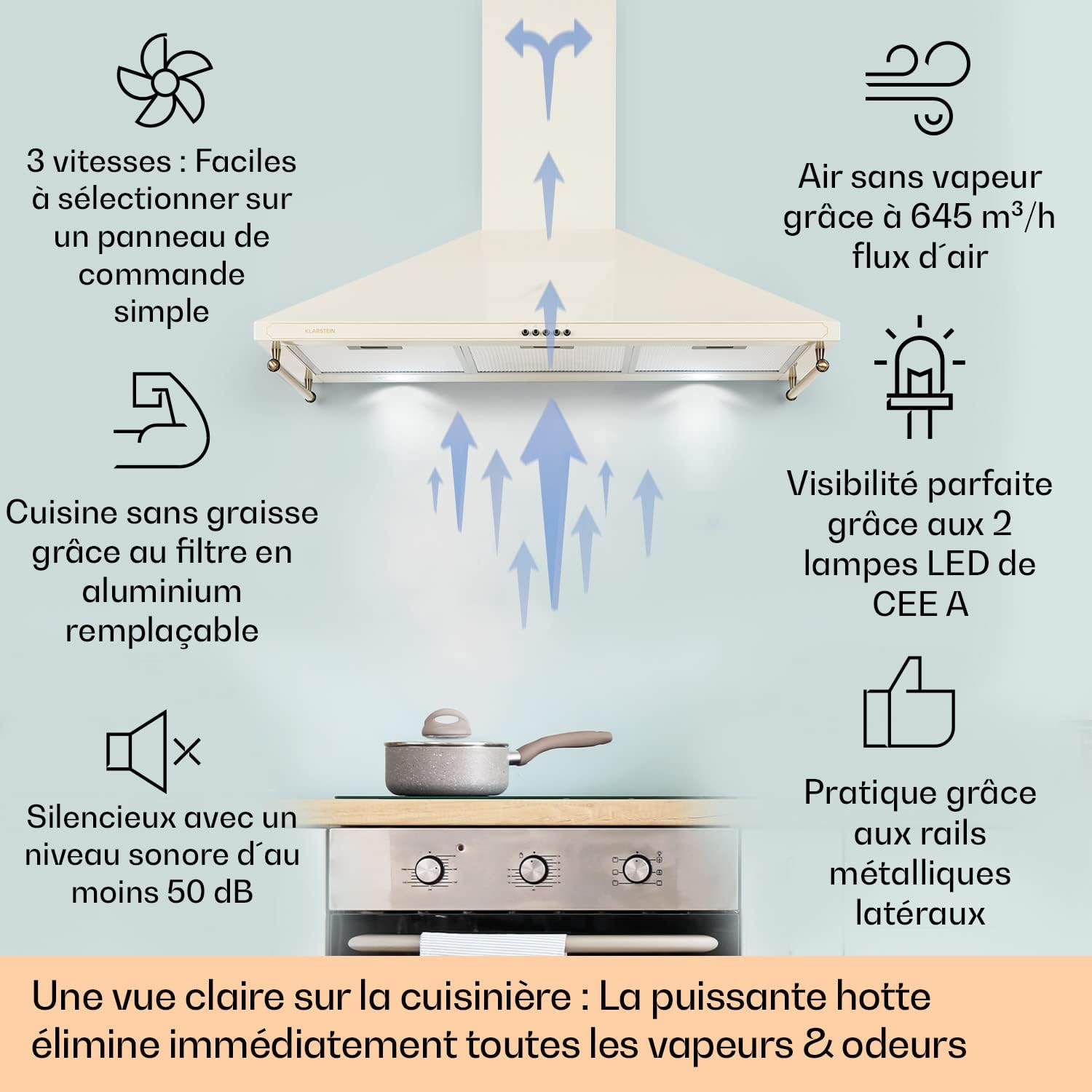 Klarstein Hotte Aspirante 90 cm, Hottes de Cuisine avec Filtre de Hotte en Aluminium, Débit d'Air Puissant de 645m³/h, Eclairage LED, Extracteur d'Air Silencieux, Hotte Efficace avec Evacuation