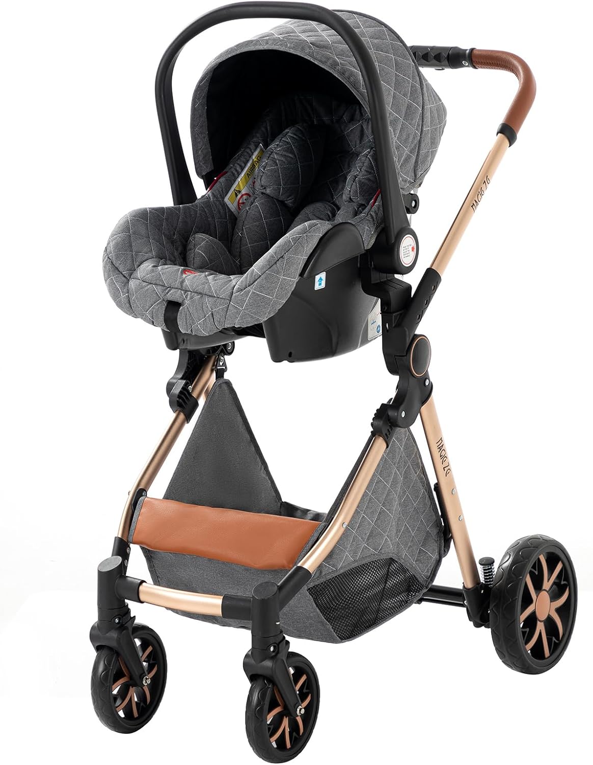 Magic ZC Poussette 3 en 1, Poussette Bebe avec Conception Portable Pliable en Un Clic, Pousette 3 en 1 avec Poussée Réversible Bidirectionnelle, Poussette Trio avec Accessoires (black gold 588)