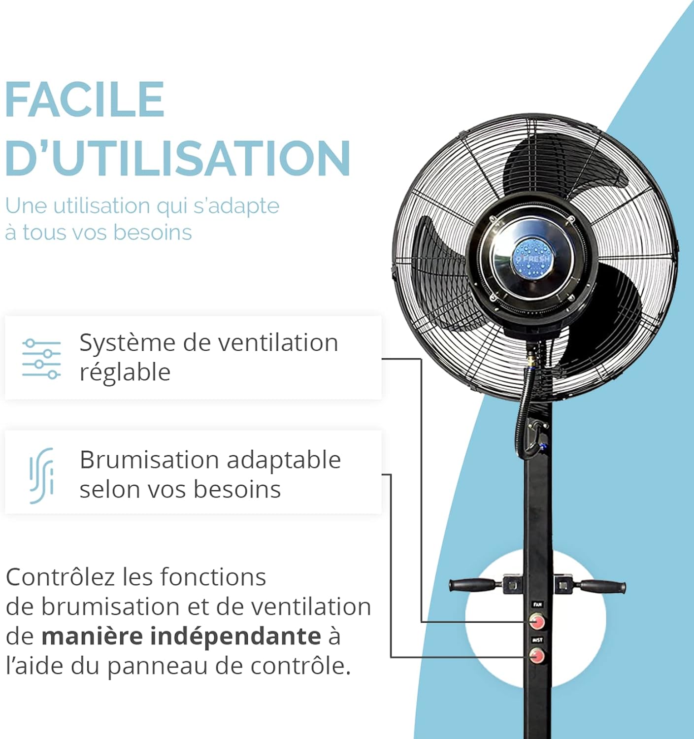 O'FRESH Ventilateur Brumisateur Terrasse Haute Performance pour Extérieur - Ventilateur sur Pied 180 cm + Système de Brumisation - Repousse les moustiques et nuisible volants - Capacité : 80 m²