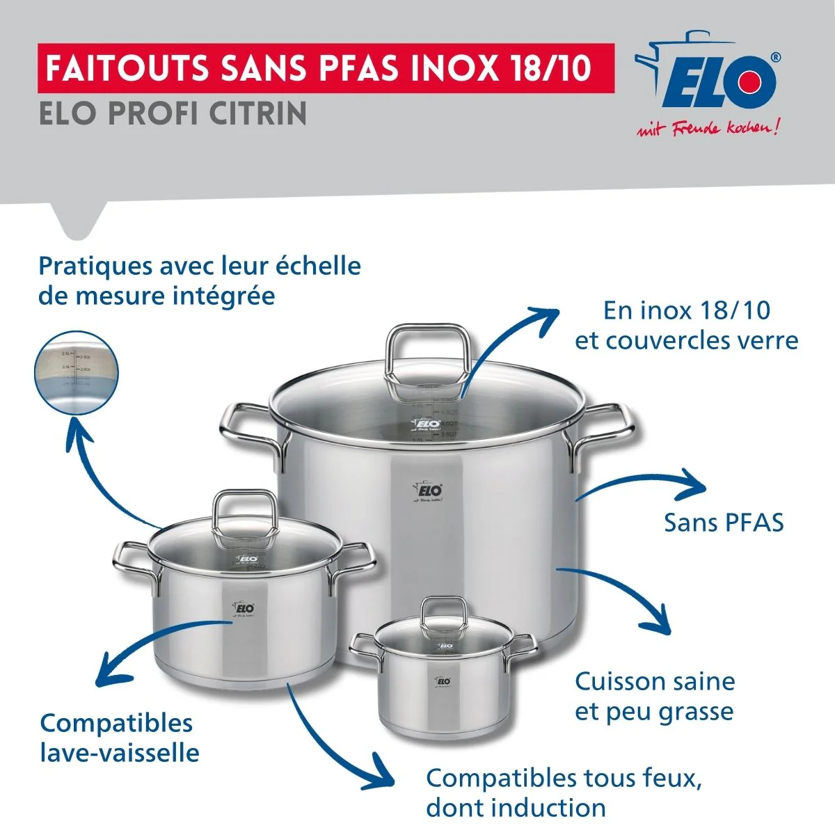 Ensemble de 2 Poêles de cuisson 24 et 32 cm et 3 faitouts 12, 16 et 26 cm Elo Profi Citrin Elo