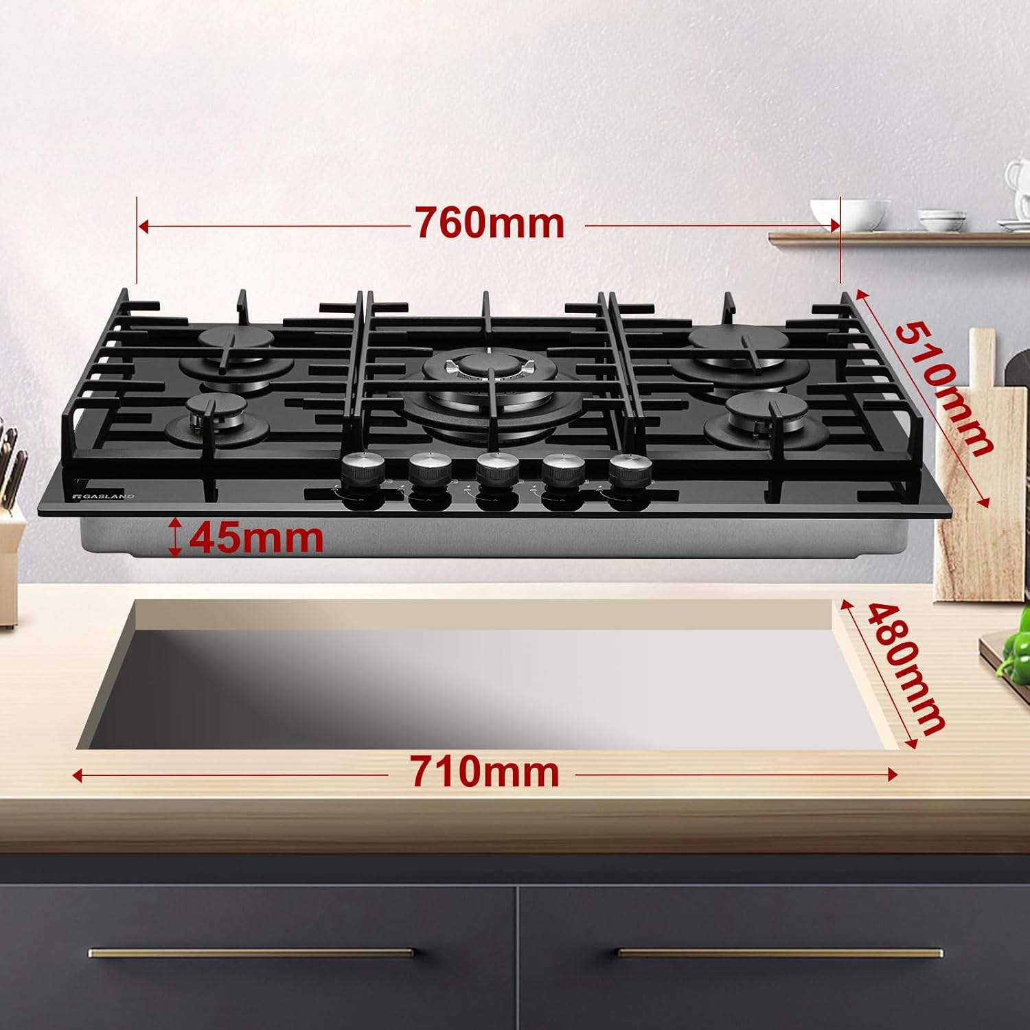 GASLAND GH2805BG1FC Table de cuisson à gaz 5 feux, Cuisinière à gaz avec brûleur wok, Table de cuisson à gaz encastrable, 76cm noir Cuisinière à gaz en verre, Cuisinière à gaz 10,4KW, GPL/NG