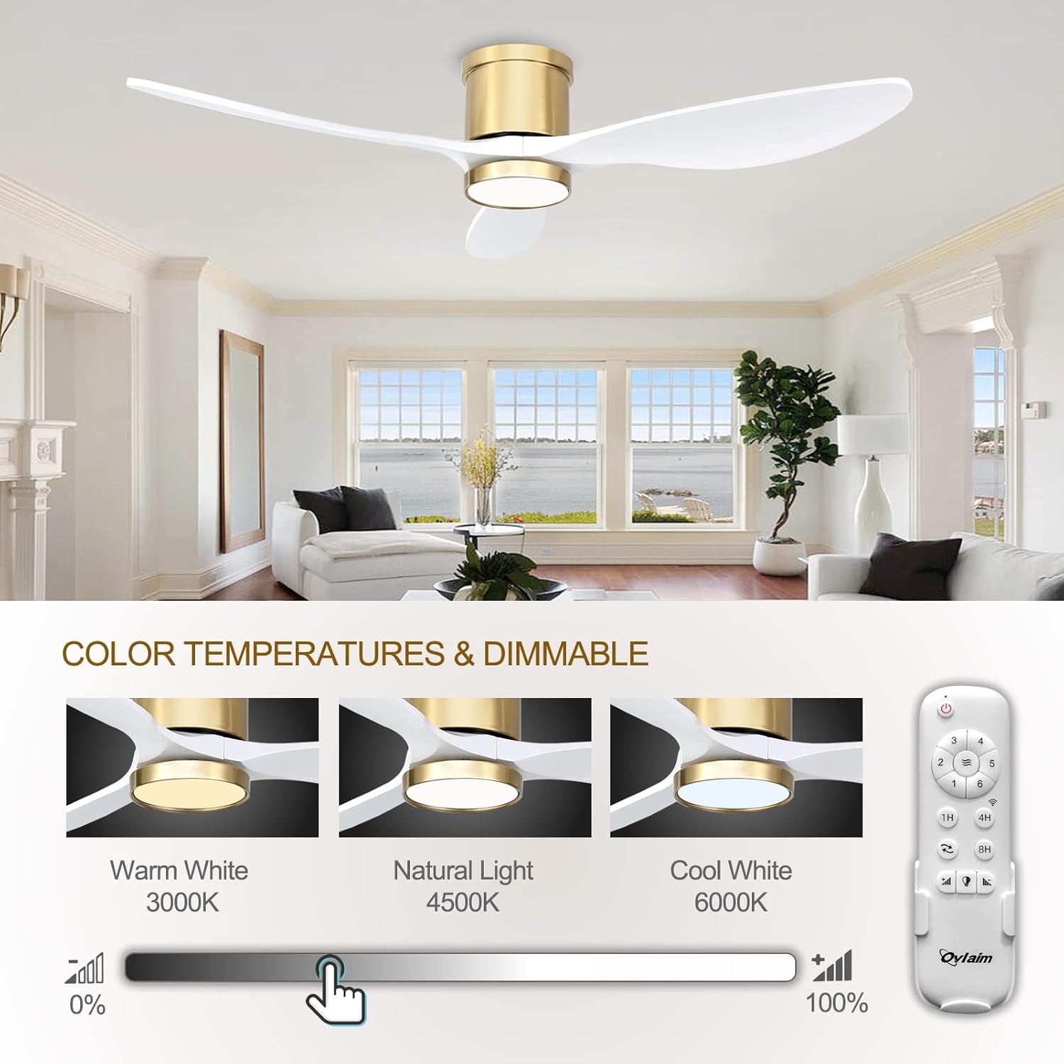 Ovlaim 132cm intérieur extérieur 3 pales hélice Smart ventilateur de plafond, Ventilateur de plafond en bois massif à moteur DC silencieux avect