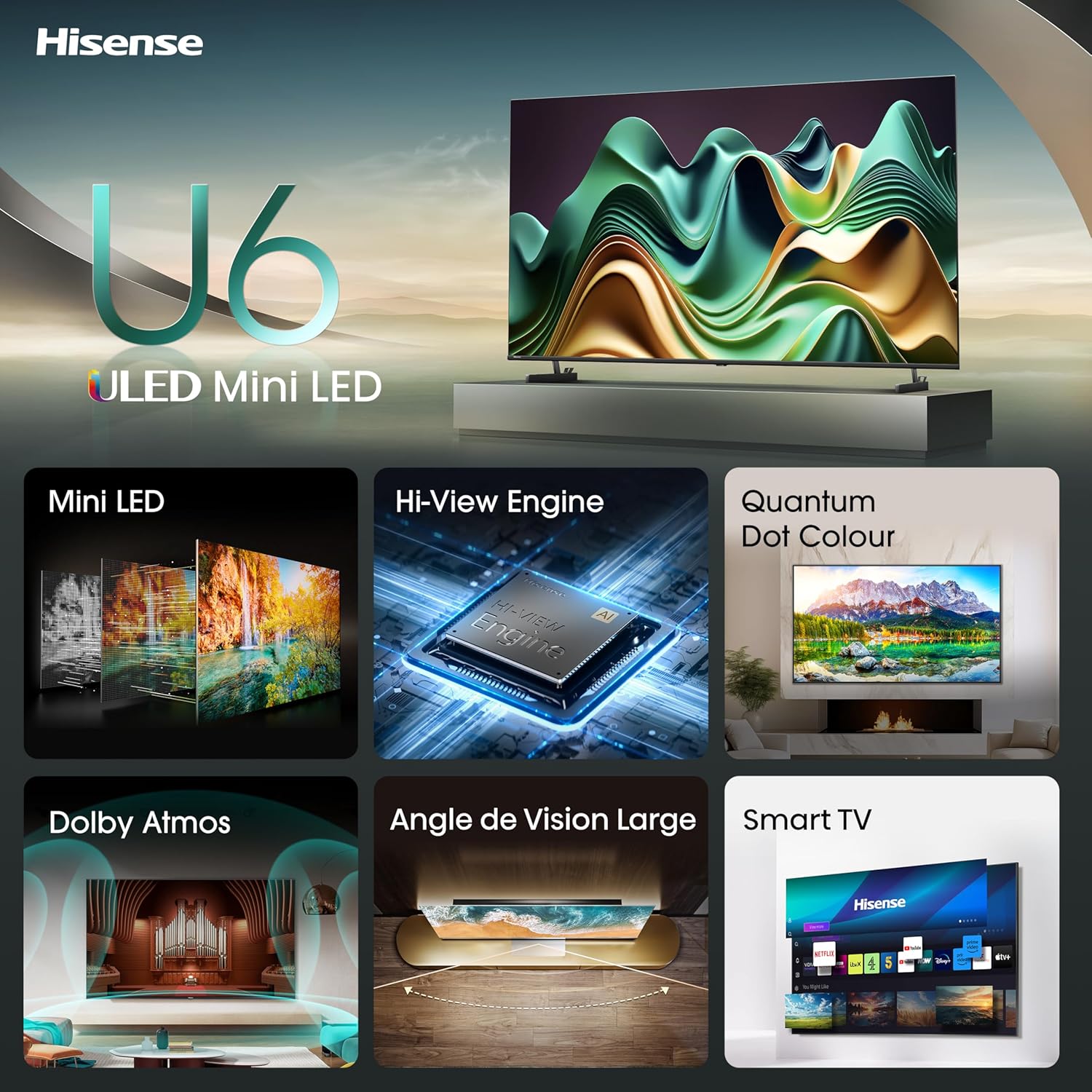 Hisense Smart TV 43 Pouces 43A6N 4K UHD, Dolby Vision, HDR, VIDAA avec Youtube, Netflix, Disney+, Canal +