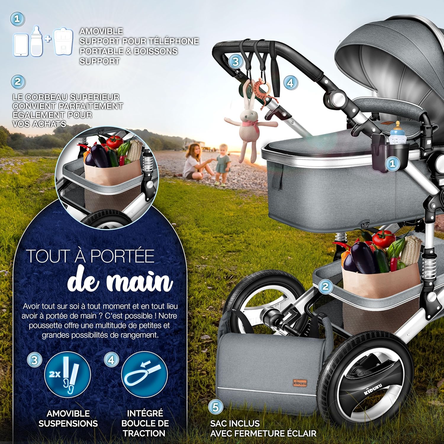 KIDUKU® Poussette Combinée 3 en 1 | Trio pour Enfants | Siége Auto Légère, Piable | Nacelle Souple Convertible | Set de Voyage (Noir/Champagne)