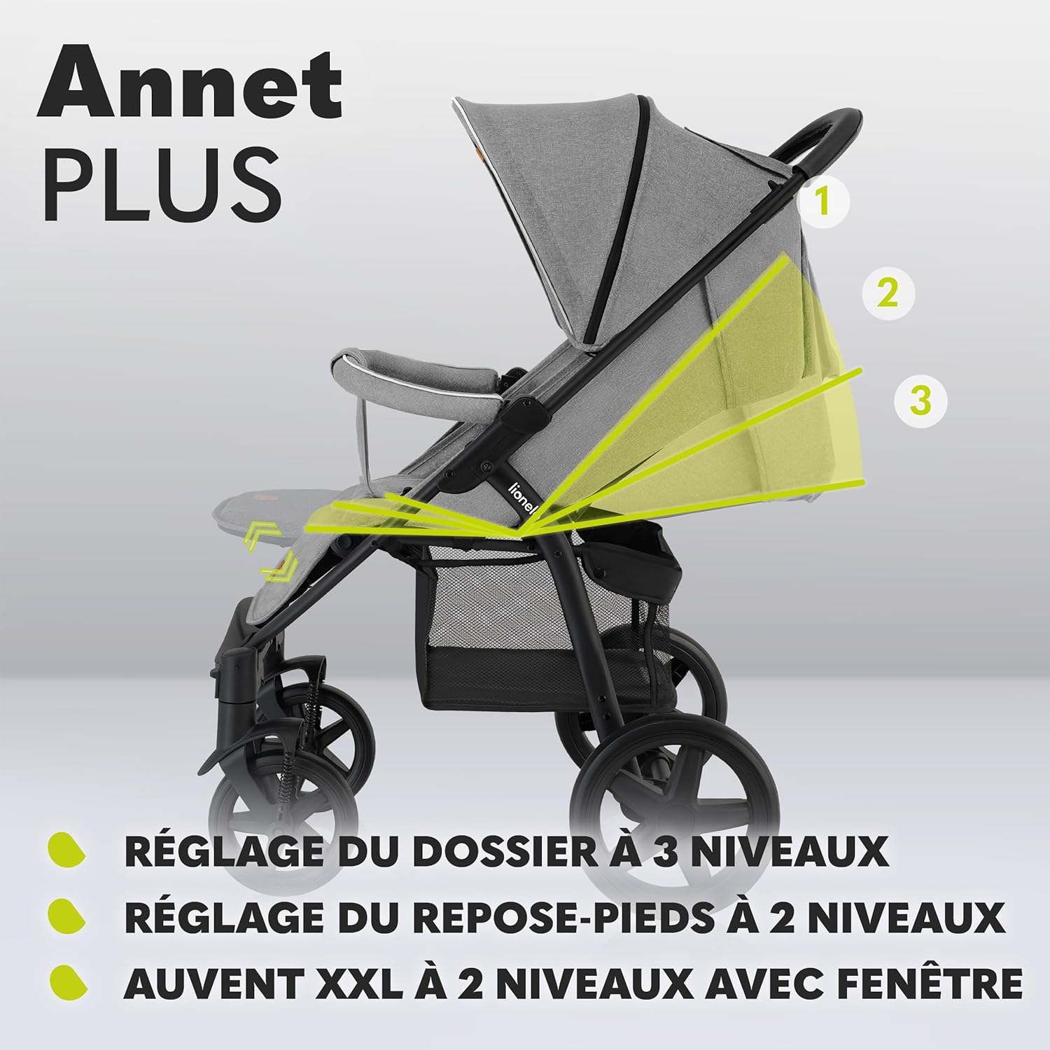 LIONELO Annet Plus poussette bebe à 22 kg, auvent avec fenêtre, roues EVA, chancelière moustiquaire porte-gobelet, réglage du dossier jusqu’à la position couchée (Dreamin, PLUS)