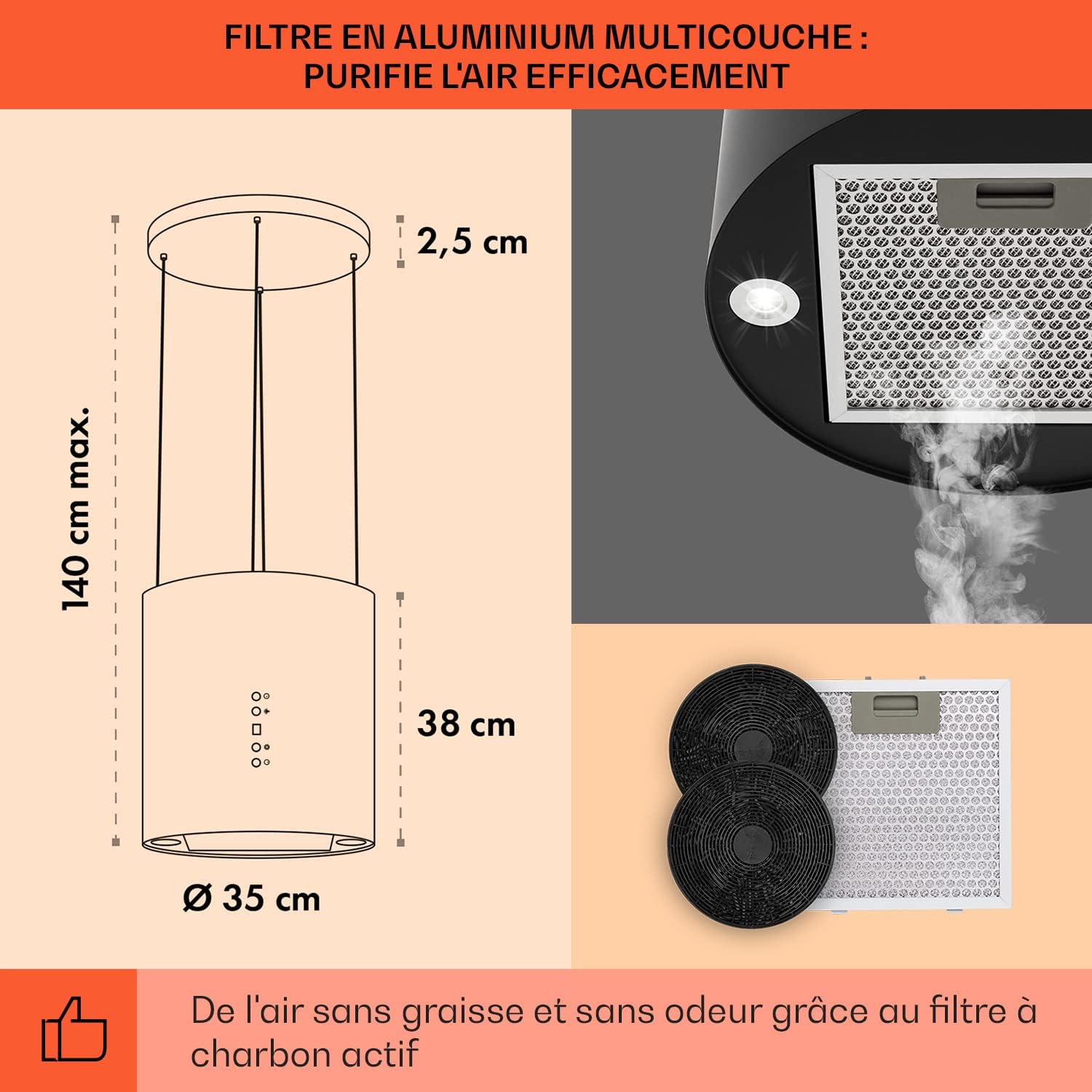 KLARSTEIN Barett - hotte aspirante îlot, hotte aspirante silencieuse Ø 35cm, Puissance Moteur 190W, 560 m³/h Max, 3 Niveaux de Puissance, éclairage LED, INOX - Argent