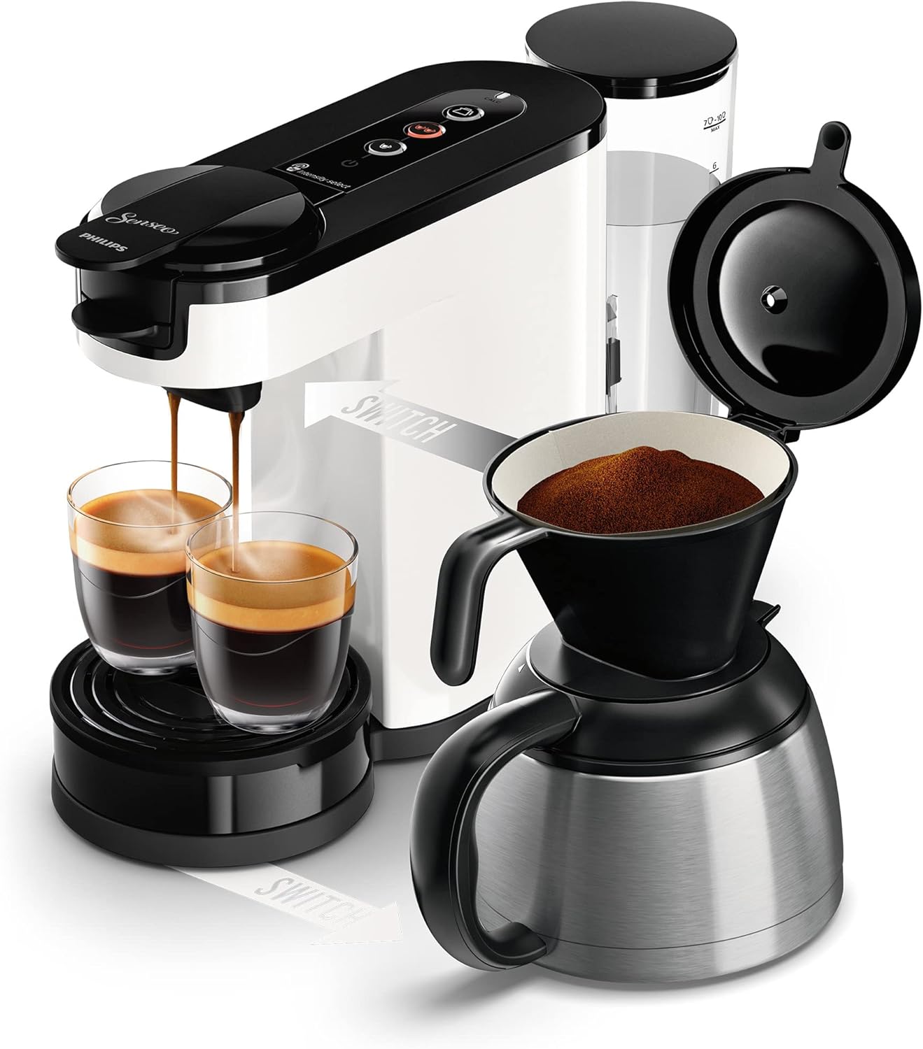 Philips Senseo Switch Pad- und Filterkaffeemaschine, 2-in-1-Brühtechnologie, 1-Liter-Wasserbehlter, 7 Tassen in einem Durchgang, Klavierlackschwarz (HD6592/64)