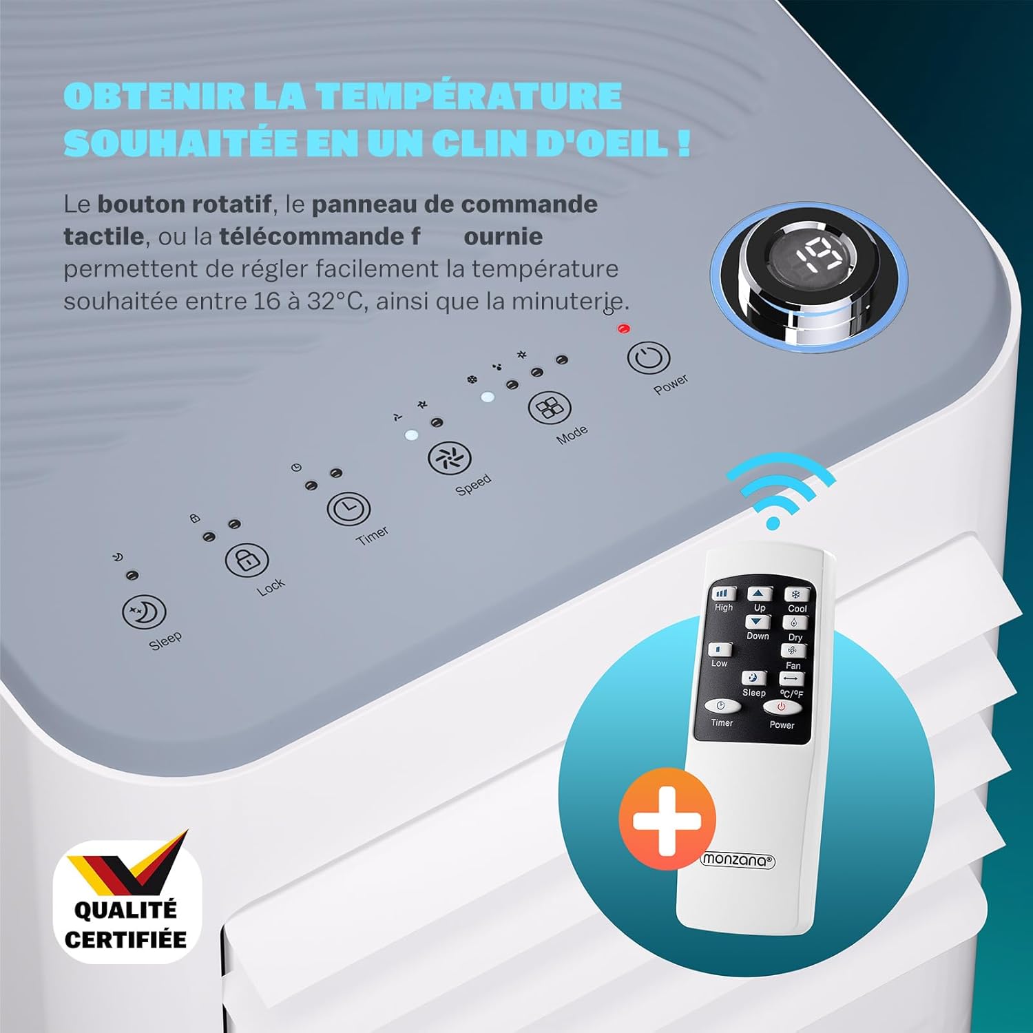 Monzana® Climatiseur Mobile MZKA2000 Tuyau d'évacuation 7000 BTU 4en1 750W 24h Timer Déshumidificateur Kit volet Roulant