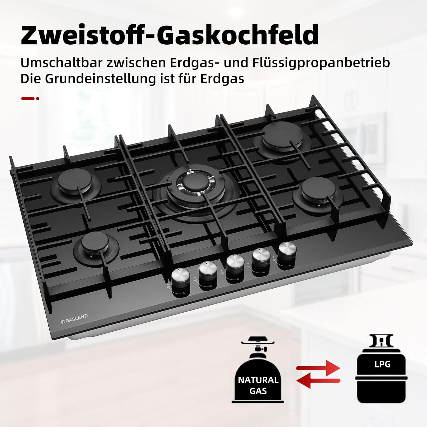 GASLAND GH2805BG1FC Table de cuisson à gaz 5 feux, Cuisinière à gaz avec brûleur wok, Table de cuisson à gaz encastrable, 76cm noir Cuisinière à gaz en verre, Cuisinière à gaz 10,4KW, GPL/NG