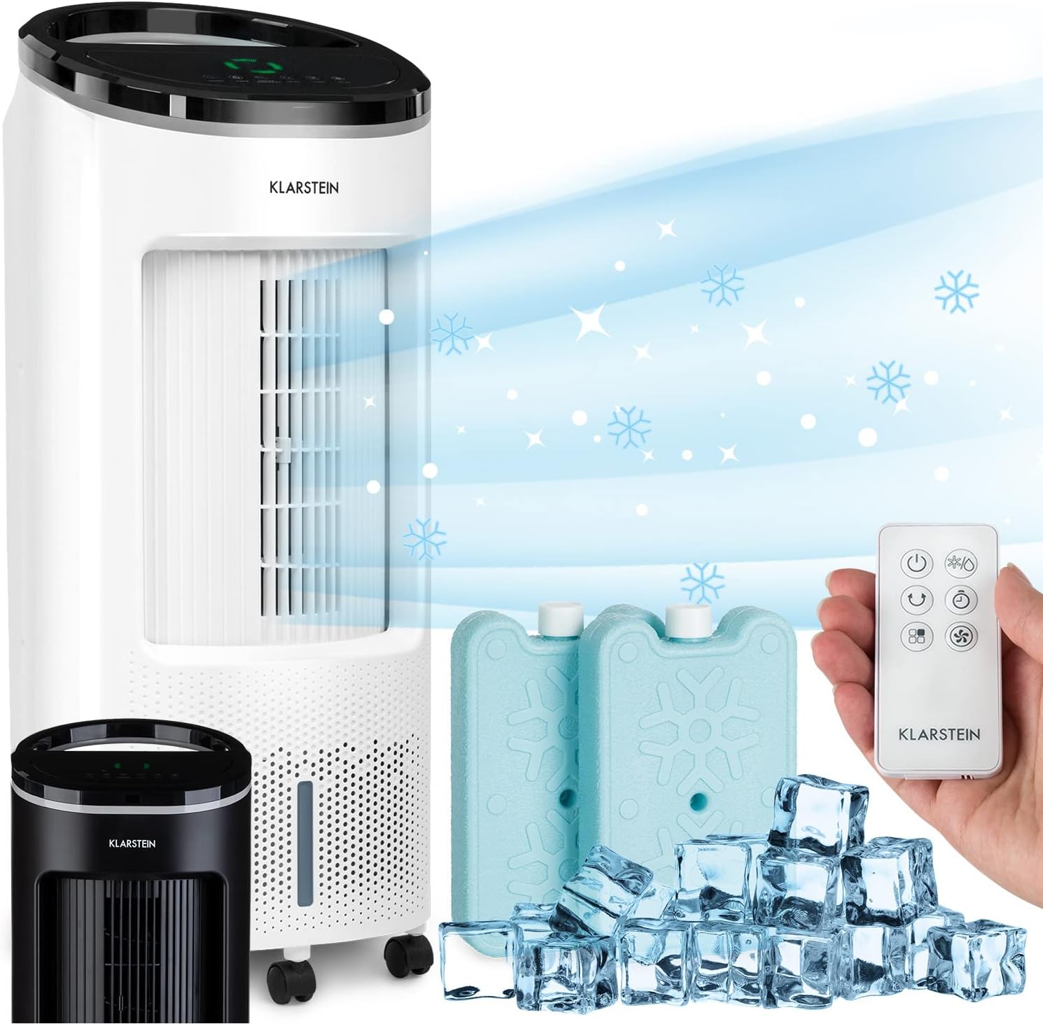 Klarstein Rafraichisseur d'Air 4 en 1, Climatiseur Portable Smart APP Mobile, Humidificateur, Ventilateur, Sans Évacuation 65W, Pack Glacons, Mode Nuit, Puissant Débit d'Air 330m³/h