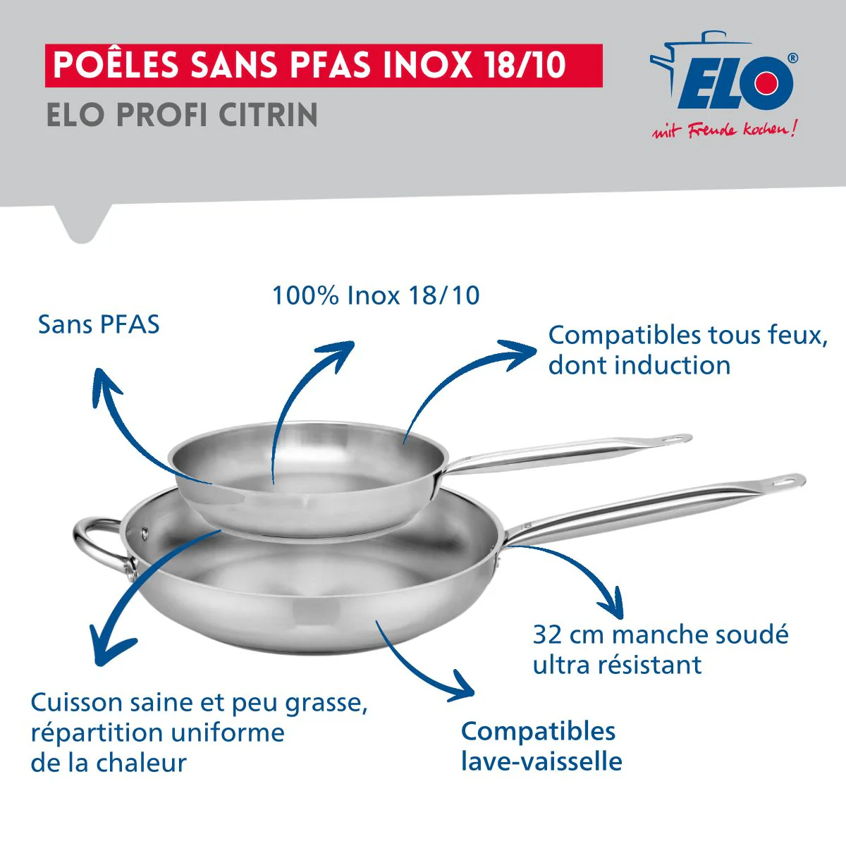 Ensemble de 2 Poêles de cuisson 24 et 32 cm et 3 faitouts 12, 14 et 16 cm Elo Profi Citrin Elo