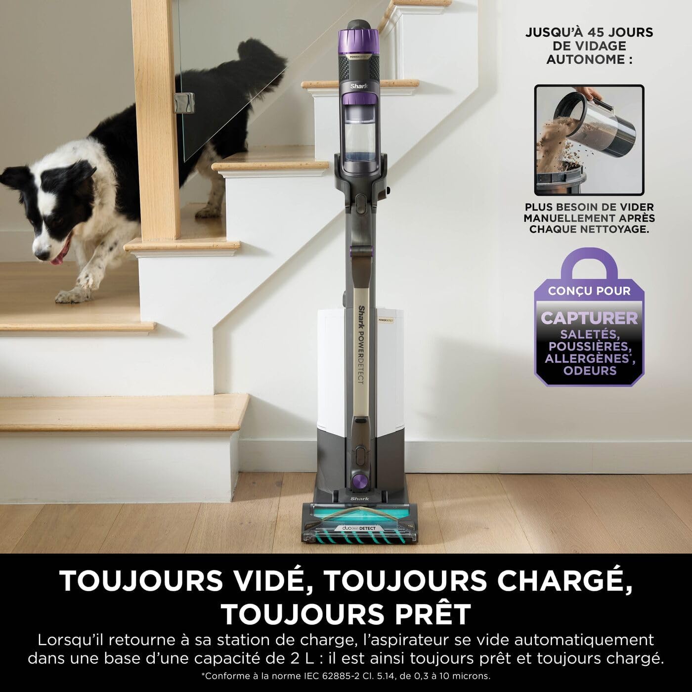 Shark Clean & Empty Aspirateur sans fil, système vidange automatique, aspirateur léger anti-poils avec outils animaux et interstices, autonomie 40 minutes, station de chargement, blanc/bleu, BU3521EU