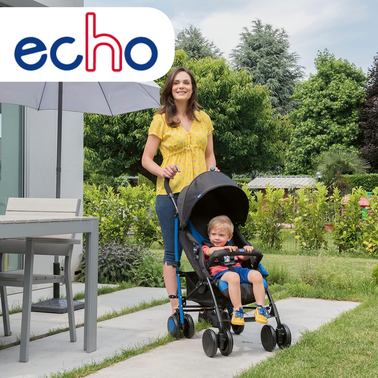 Chicco Echo Poussette Légère et Compact, Inclinable avec Arceau de Protection, Position Landau, Pliage Parapluie, Canopy Ajustable - de la Naissance à 22 Kg - Rouge