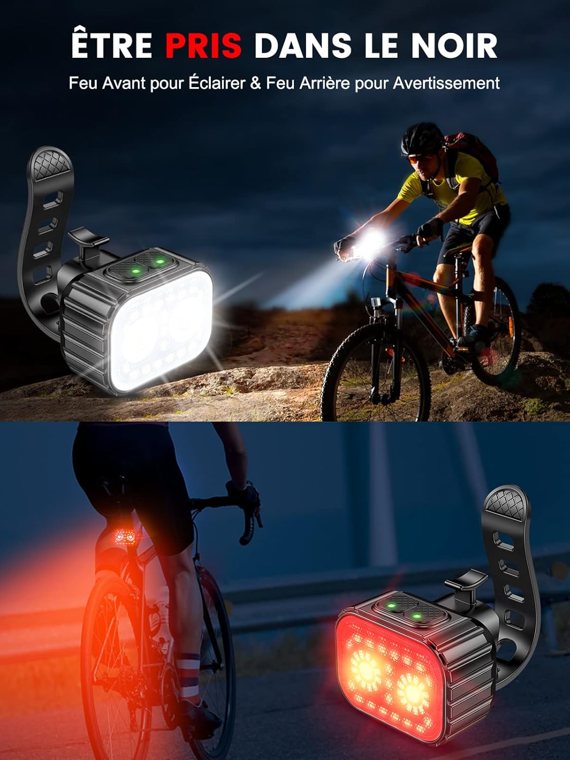 CIRYCASE Lumiere Velo Avant et Arriere, 8 + 12 Modes d'Éclairage Lampe Vélo LED Étanche IPX6, USB Rechargeable Eclairage Velo pour Cyclysme VTT, VTC, Bicyclette, Longue Durée de Vie de la Batterie