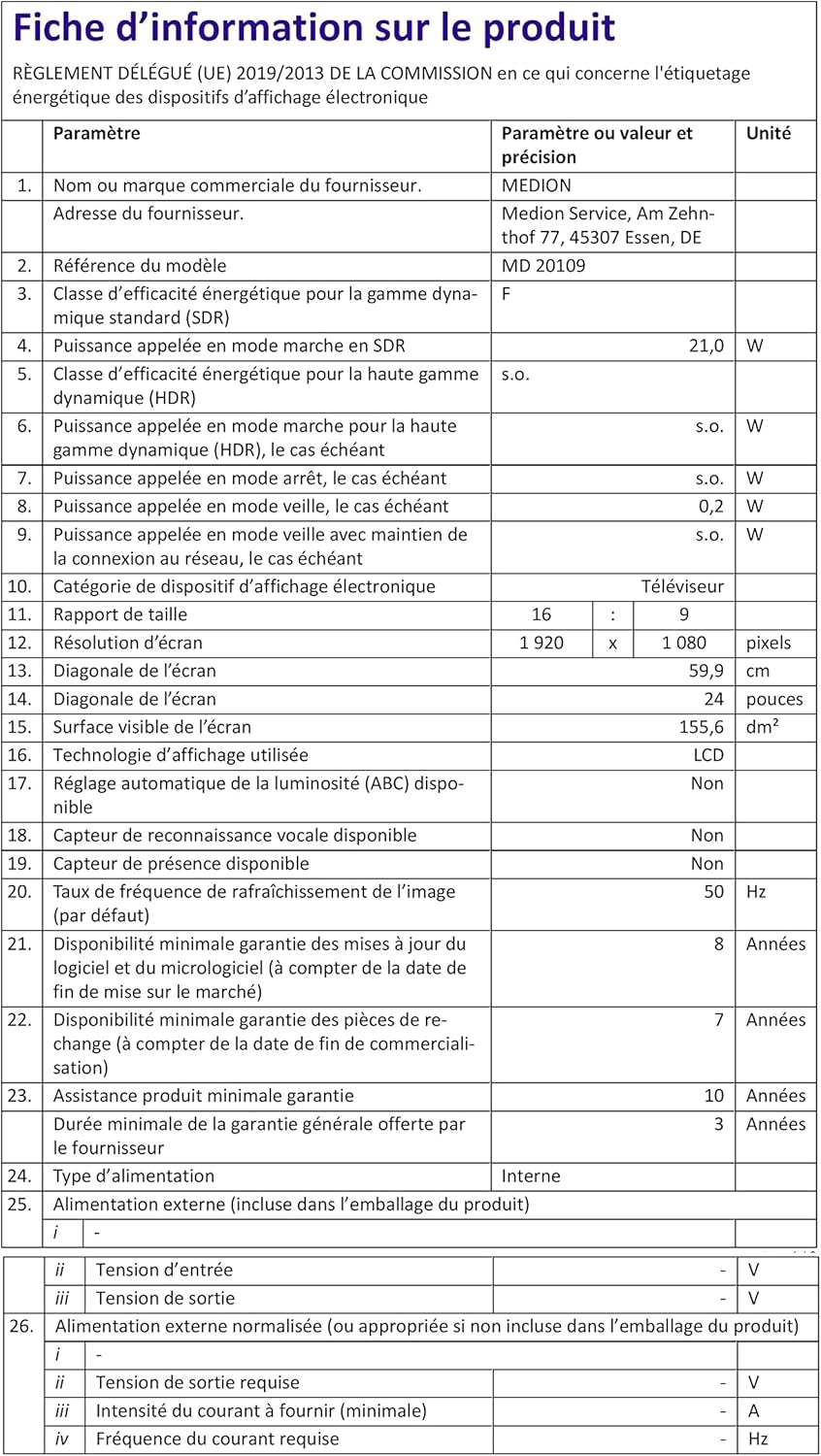 MEDION E14080 (MD 30224) Téléviseur Full HD 100,3 cm (40 Pouces) (Lecteur DVD intégré, récepteur Triple Tuner DVB-T2 DVB-C DVB-S2, 2 x HDMI, VGA, USB, Mediaplayer, CI+)