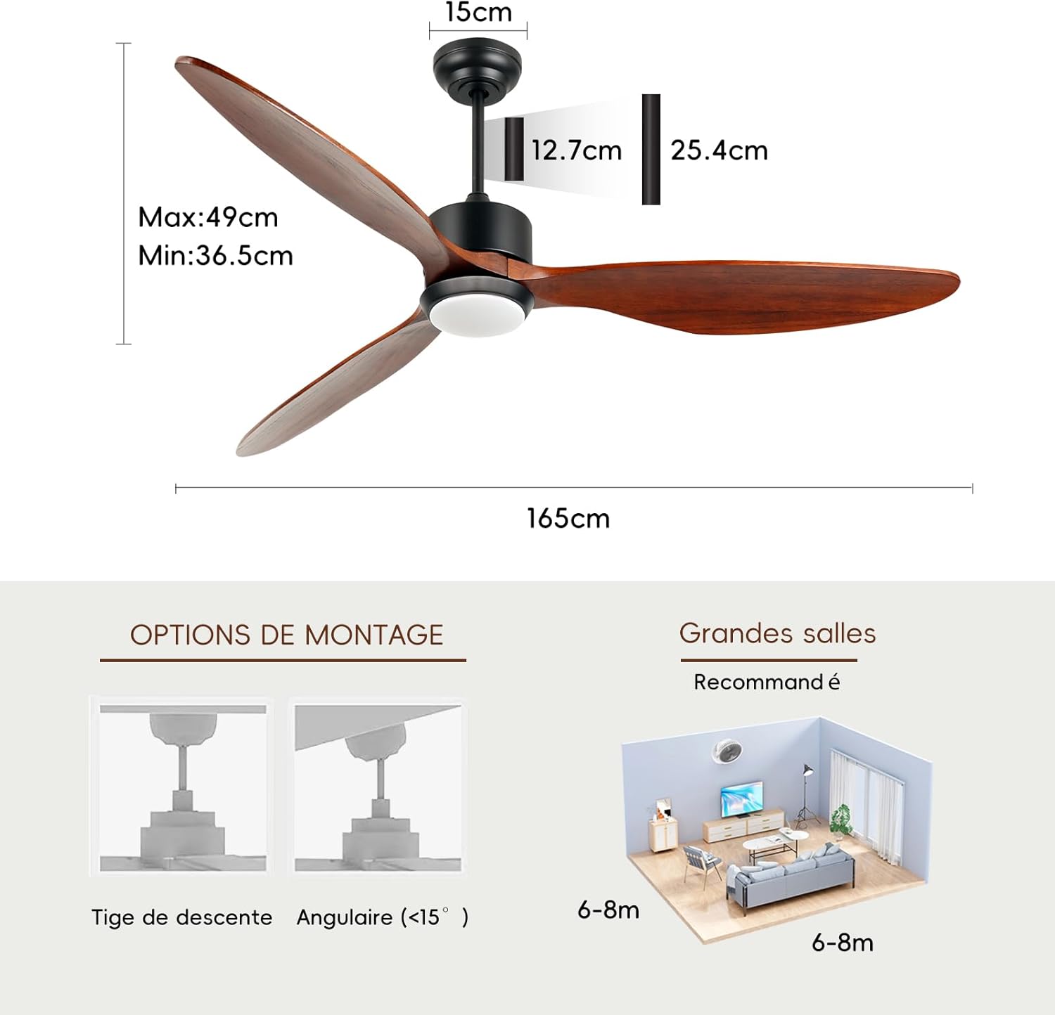 Ovlaim 132cm intérieur extérieur 3 pales hélice Smart ventilateur de plafond, Ventilateur de plafond en bois massif à moteur DC silencieux avect
