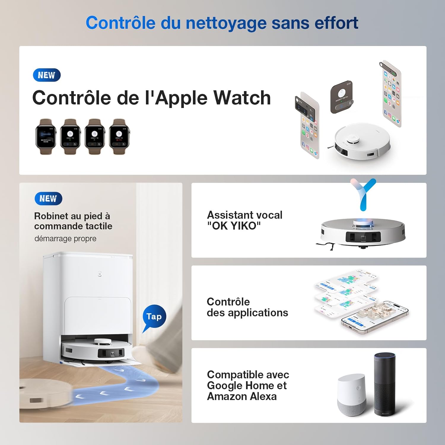 ECOVACS X8 PRO OMNI Robot Aspirateur Laveur avec Station Tout-En-Un, Puissance 18000Pa, Nettoyage Automatique Instantané OZMO ROLLER, Nettoyage à l'eau chaude 75℃, Ajout Solution Nettoyage Automatique