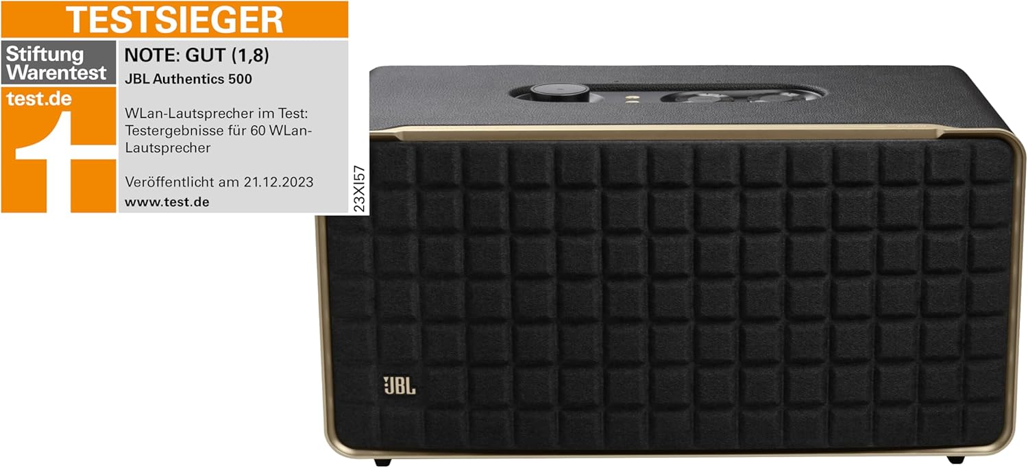 JBL Authentics 200 Enceinte Smart Home avec Wi-Fi, Bluetooth et assistants vocaux, design rétro, noire, Prise européenne (Type C)