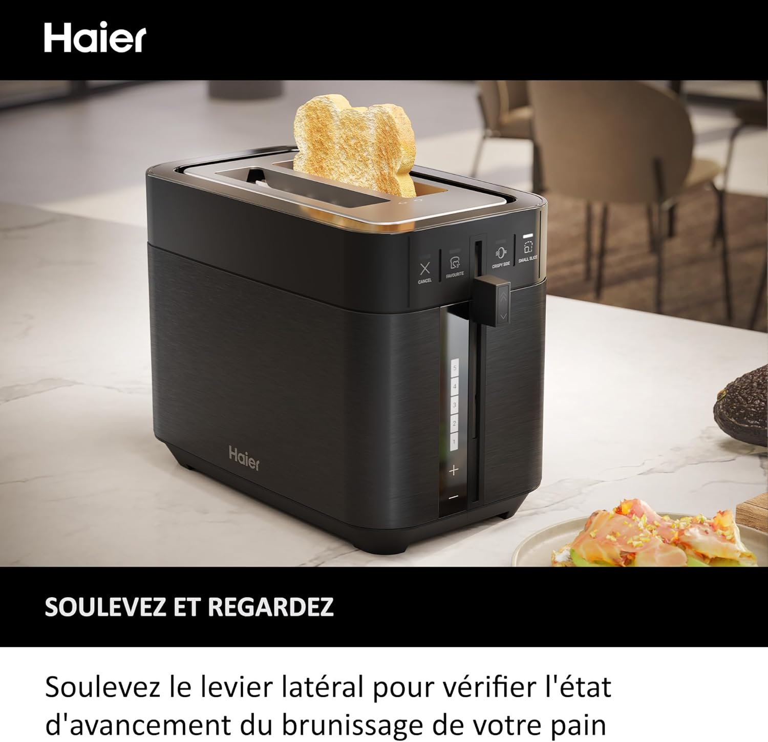 Pack Petit Déjeuner Grille-Pain Toaster+Bouilloire Haier I-Master Série 5, Acier Inoxydable, Fentes Extra Profondes, 7 Niveaux de Brunissage, 7 Réglages de Température Fonction Maintien au Chaud