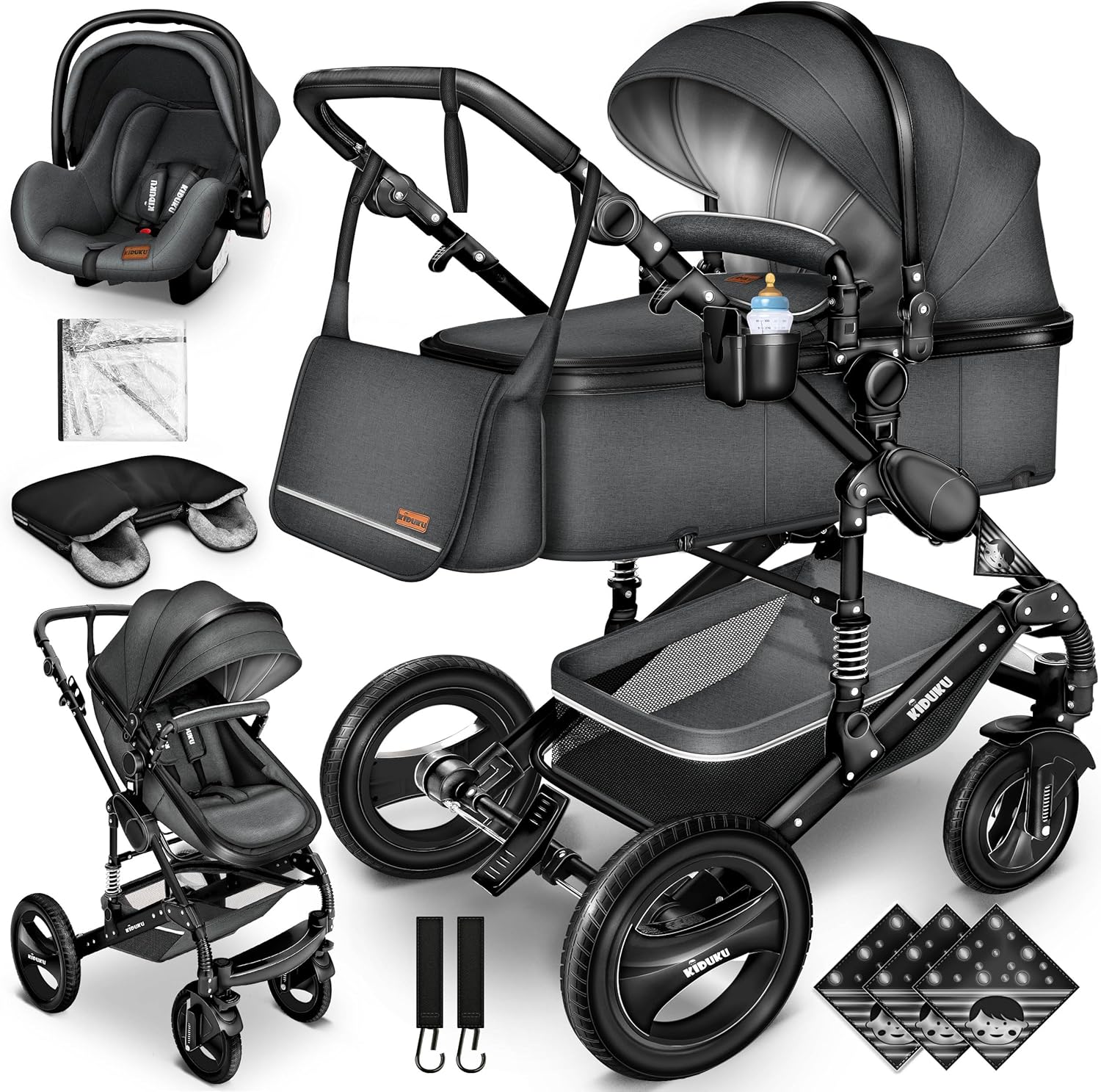 KIDUKU® Poussette Combinée 3 en 1 | Trio pour Enfants | Siége Auto Légère, Piable | Nacelle Souple Convertible | Set de Voyage (Noir/Champagne)